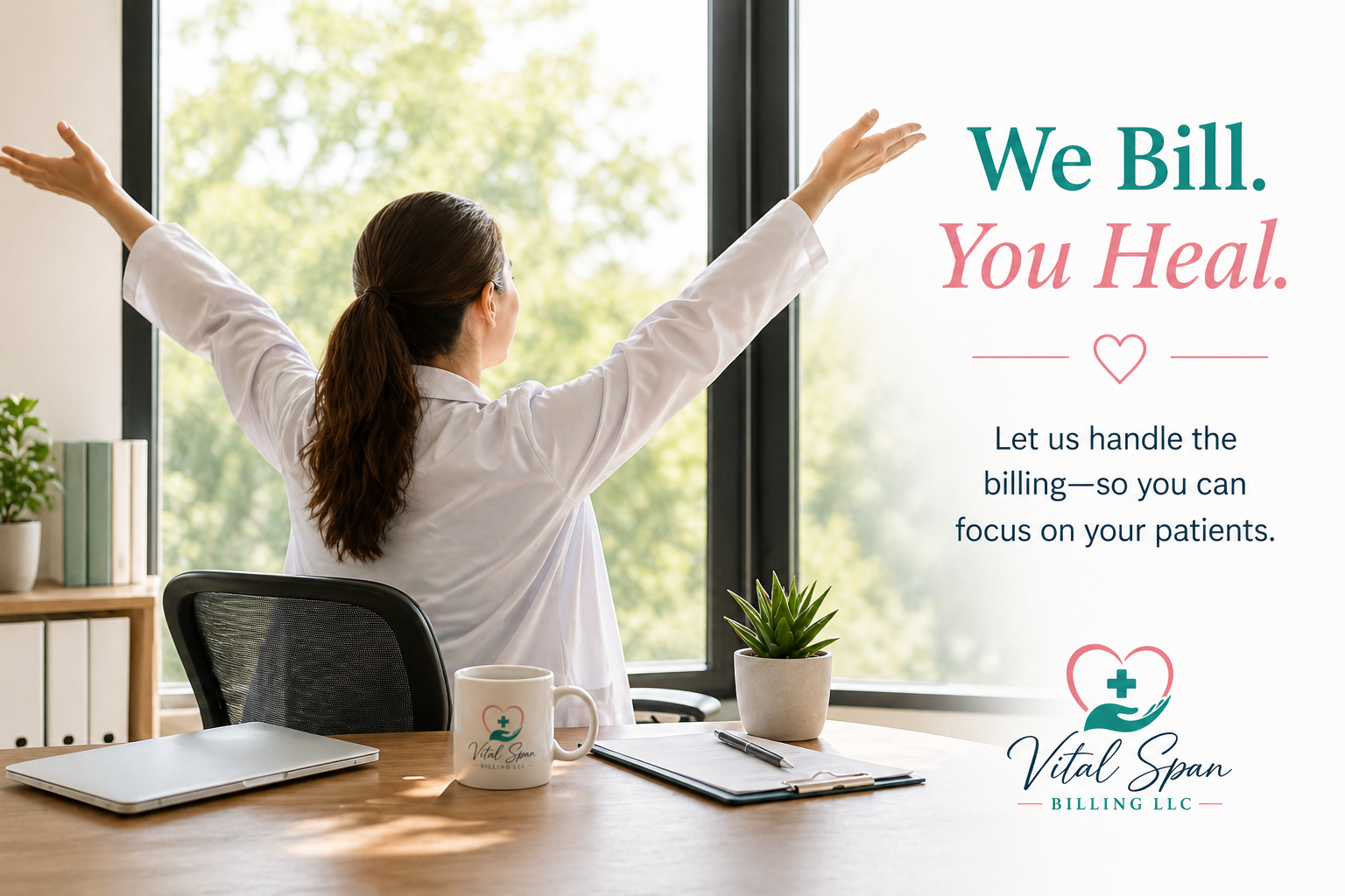 A woman sitting at a desk with her arms raised, facing a window with trees outside. There is a computer, a mug with a healthcare logo, a potted plant, a notepad, and a pen on the desk. The image includes text promoting healthcare billing services.