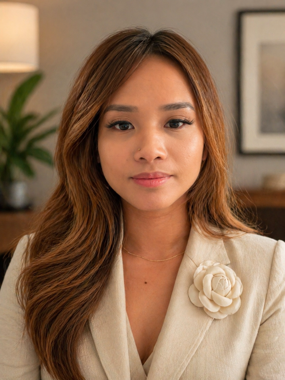 Portrait of a woman with long, wavy brown hair, wearing a beige blazer with a large flower brooch, and a delicate gold necklace, in a warmly lit room with artwork and a plant in the background.