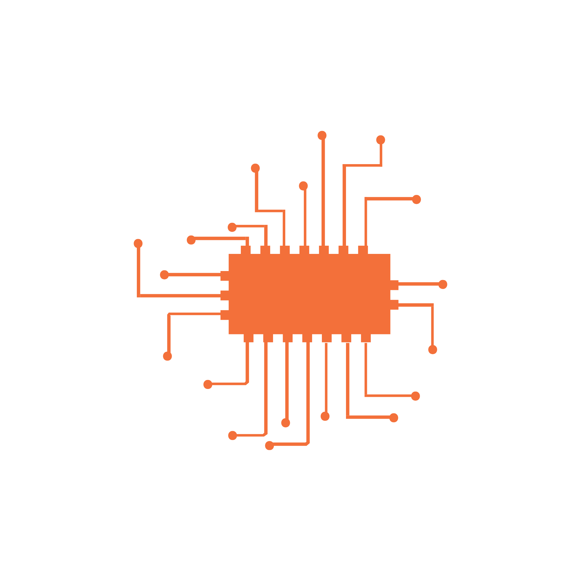 Et billede af en mikrochip med mange tilslutninger, der minder om en elektrisk kreds eller et kredsløb. Mørk baggrund, orange linjer, der forbinder punkterne.