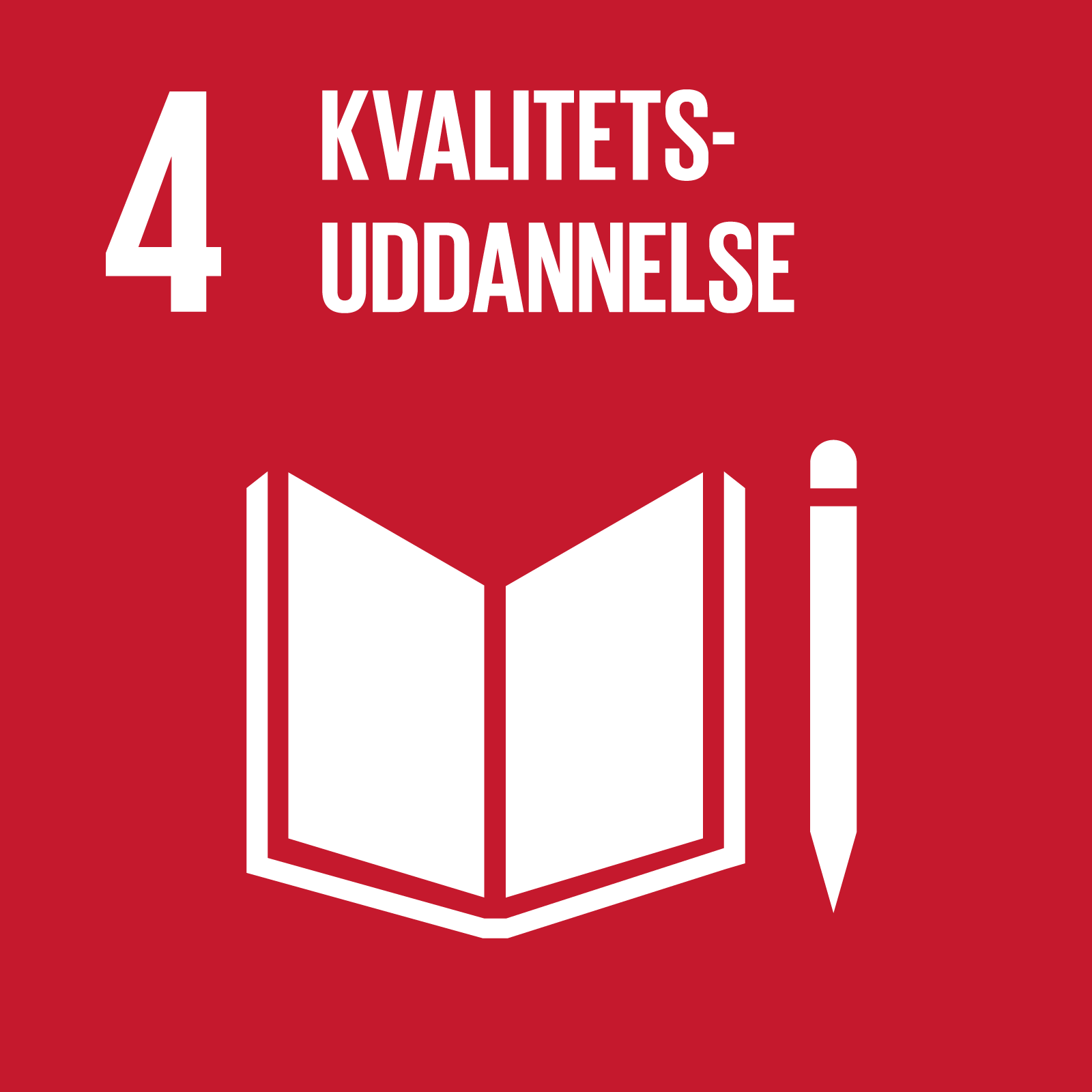 Rød baggrund med hvid ikon af en åben bog med en pen til højre. Tekst: '4 KVALITETS-UDDANNELSE'.
