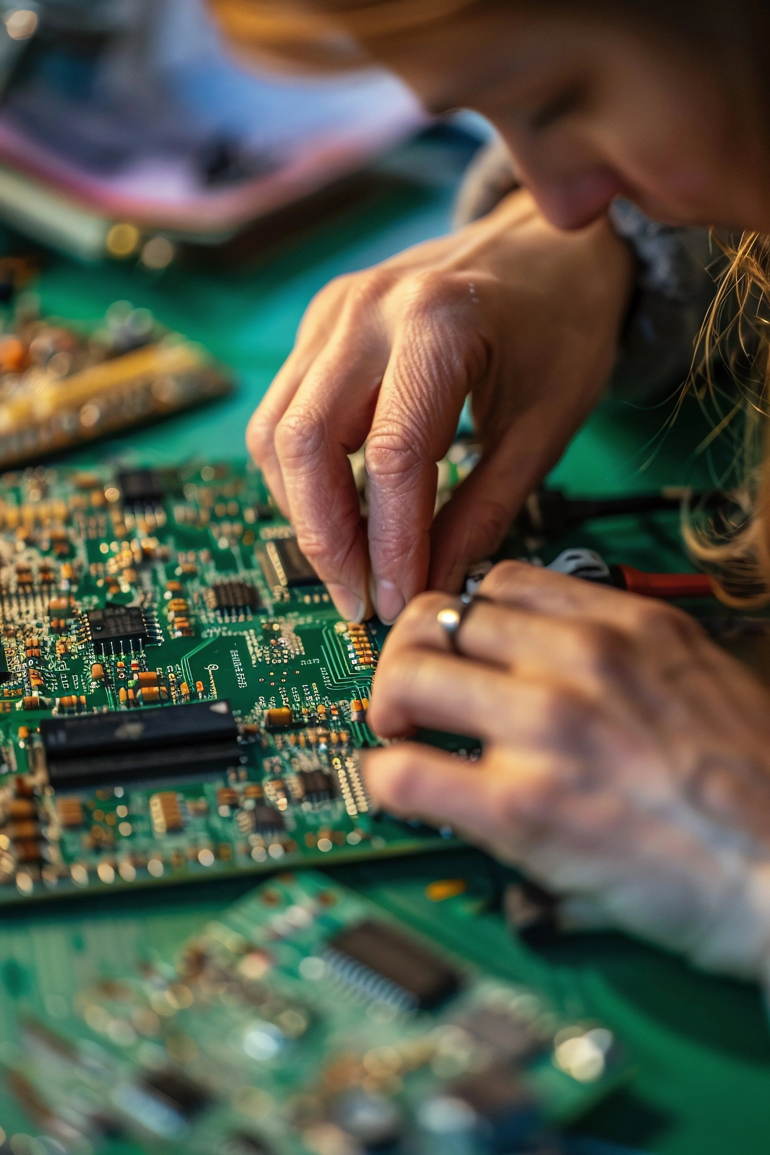 En person arbejder på en computerprinter, de holder et printerhoved, mens de arbejder med en grafikkort på et teknisk bord.