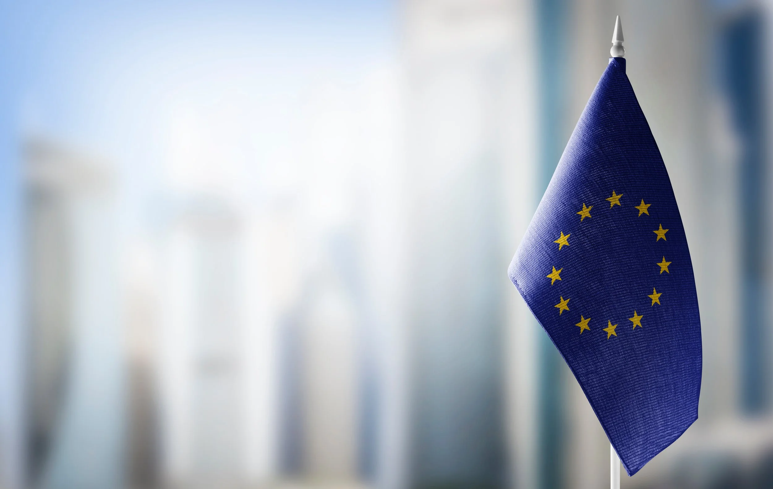 Close-up of a European Union flag with a blurred background.