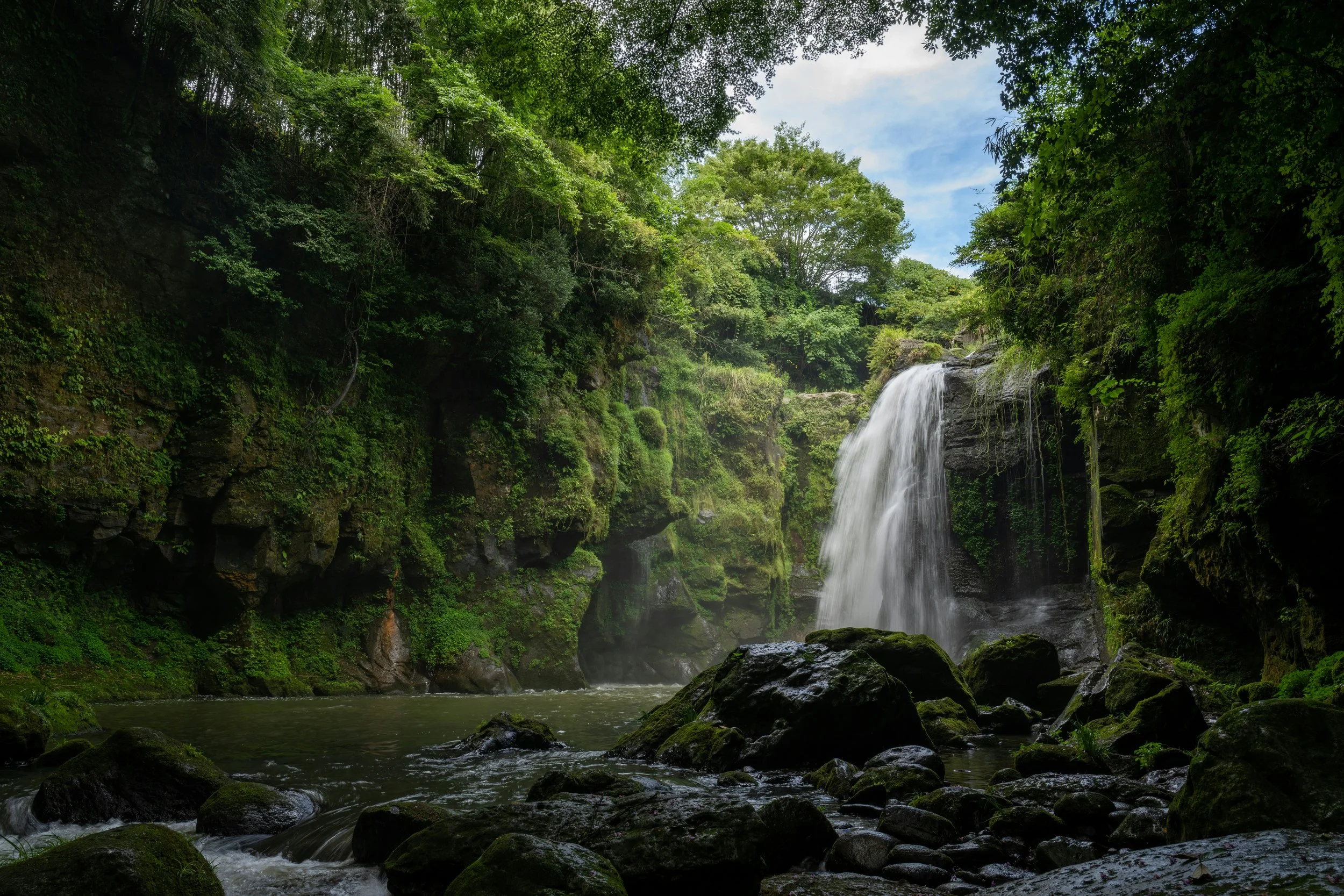 A waterfall flowing into a river surrounded by lush green trees and rocks.