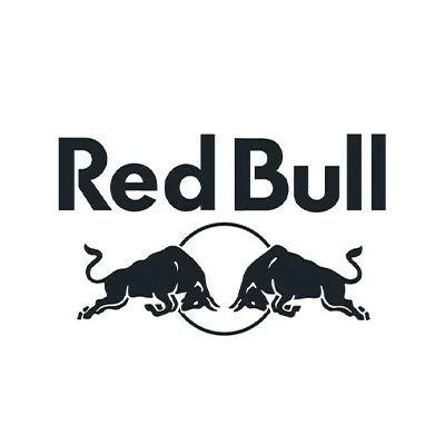 Red Bull logo with two black bulls charging at each other, forming a circle, with the words 'Red Bull' above.