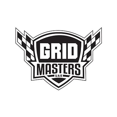 Black and white logo for GRID MASTERS UAE with checkered flag accents.
