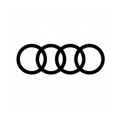 Five interlinked black rings on a white background. Audi logo. 