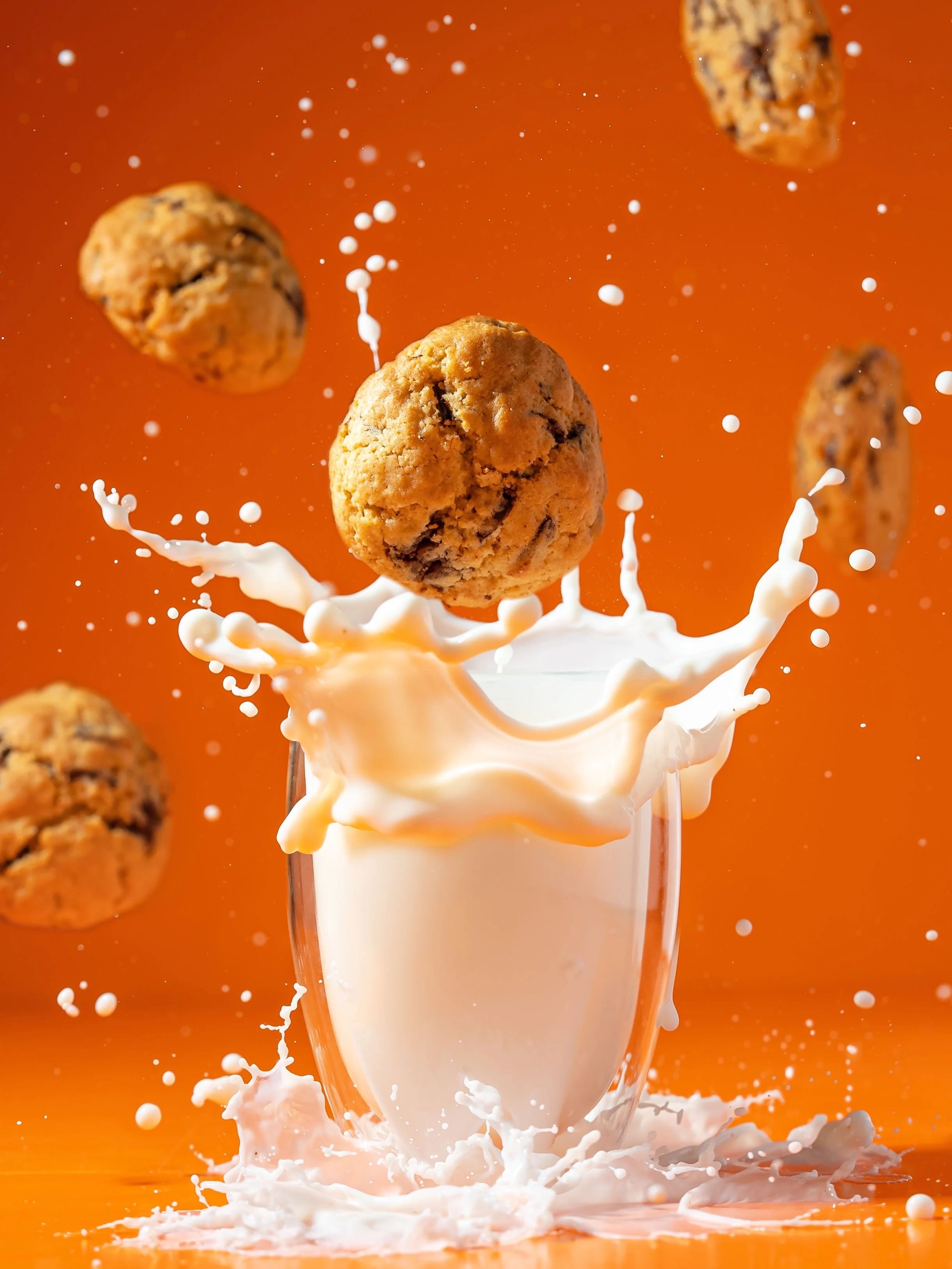 Chocolate chip cookies falling into a glass of milk with splash and spilling milk around on an orange background.