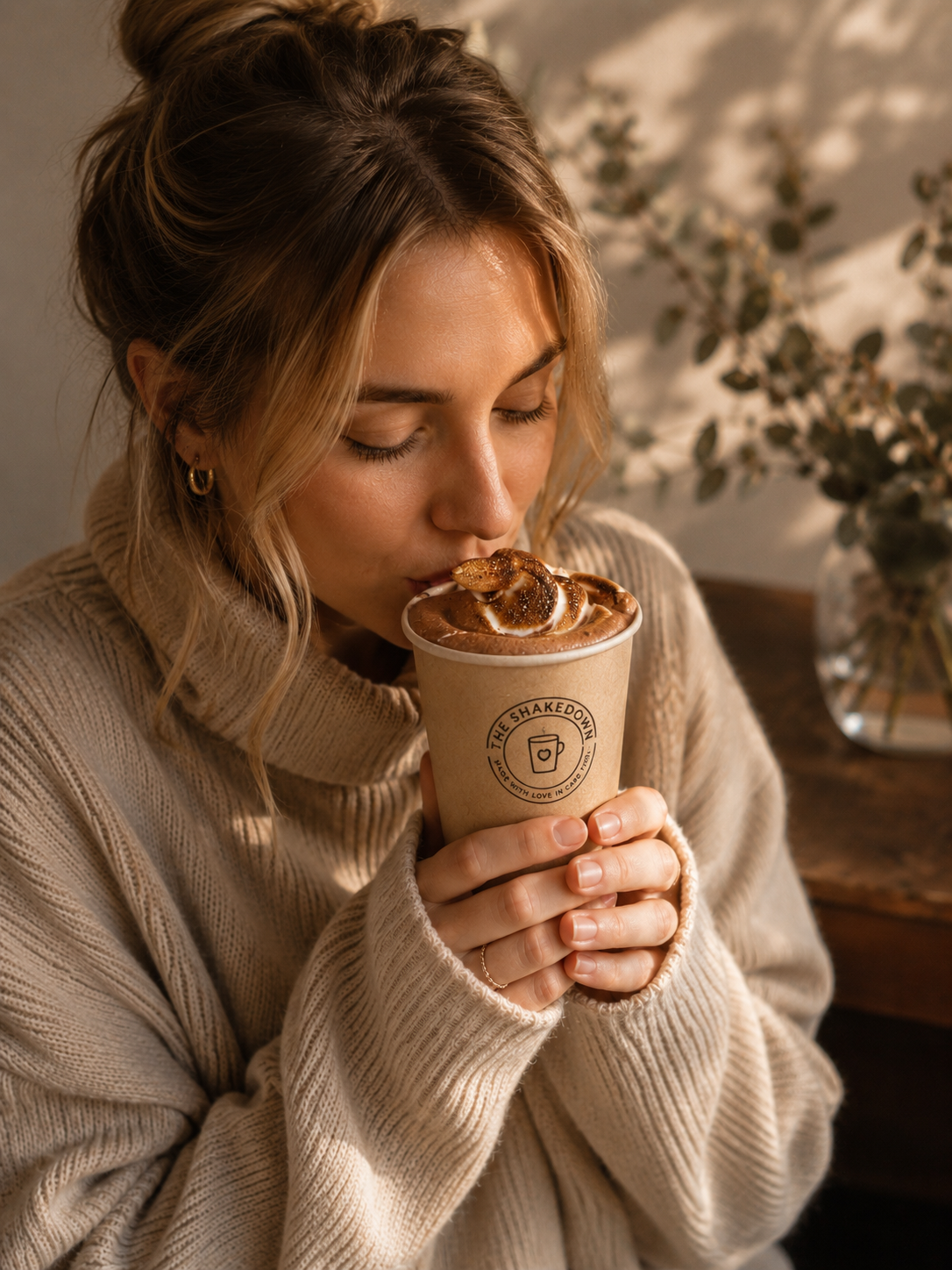 A woman with wavy blonde hair in a beige sweater holding a cup of hot chocolate with whipped cream and caramel, with her eyes closed, in a cozy indoor setting with a vase of dried flowers in the background.