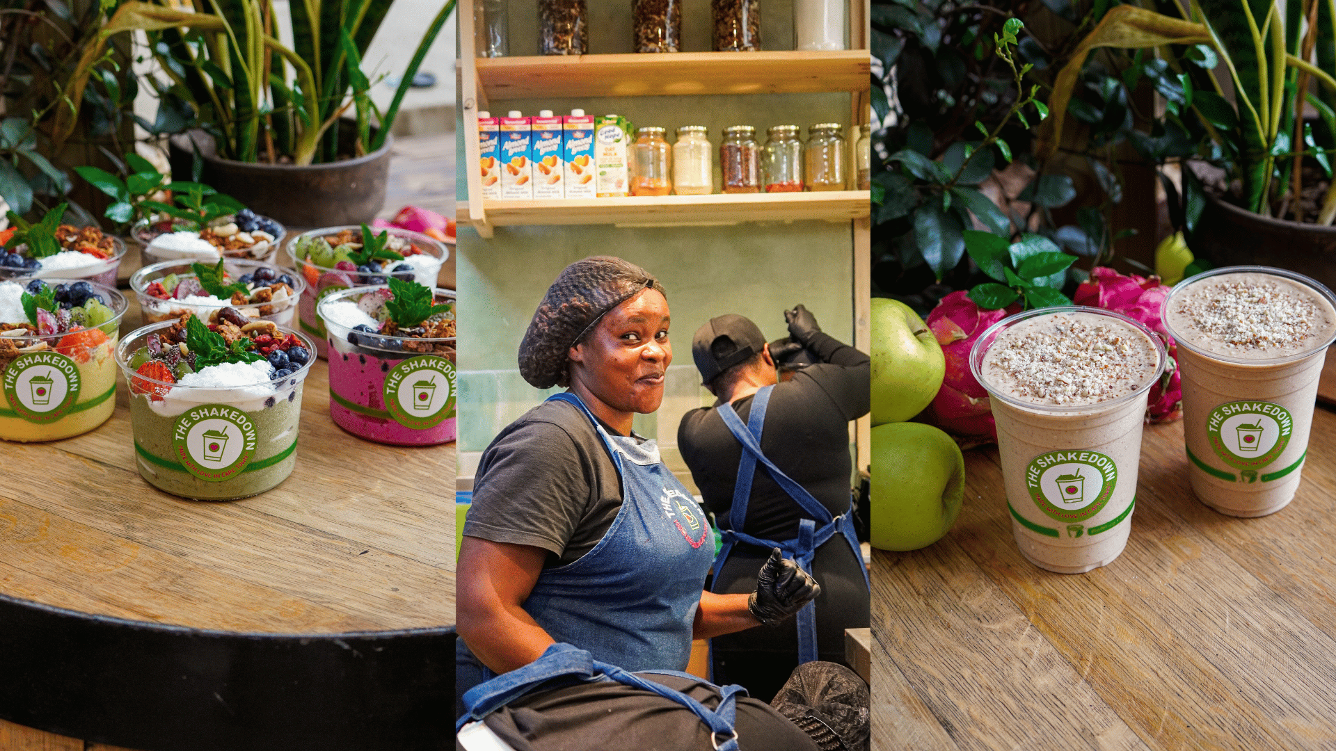 A collage of three photos featuring a food stall. The first and third images show cups of smoothies or yogurt parfaits topped with fruit and nuts, and a green apple on the side with pink flowers in the background. The middle image shows a woman in a gray shirt, blue apron, and black hairnet smiling, and behind her are jars and cartons of ingredients on shelves, with another person slightly blurred in the background.