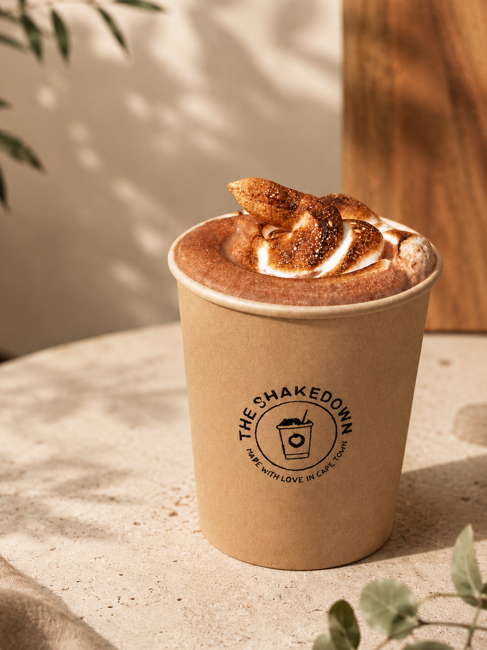 A coffee cup from The Shakedown with whipped cream and chocolate drizzle on top, on a textured surface with greenery in the foreground.