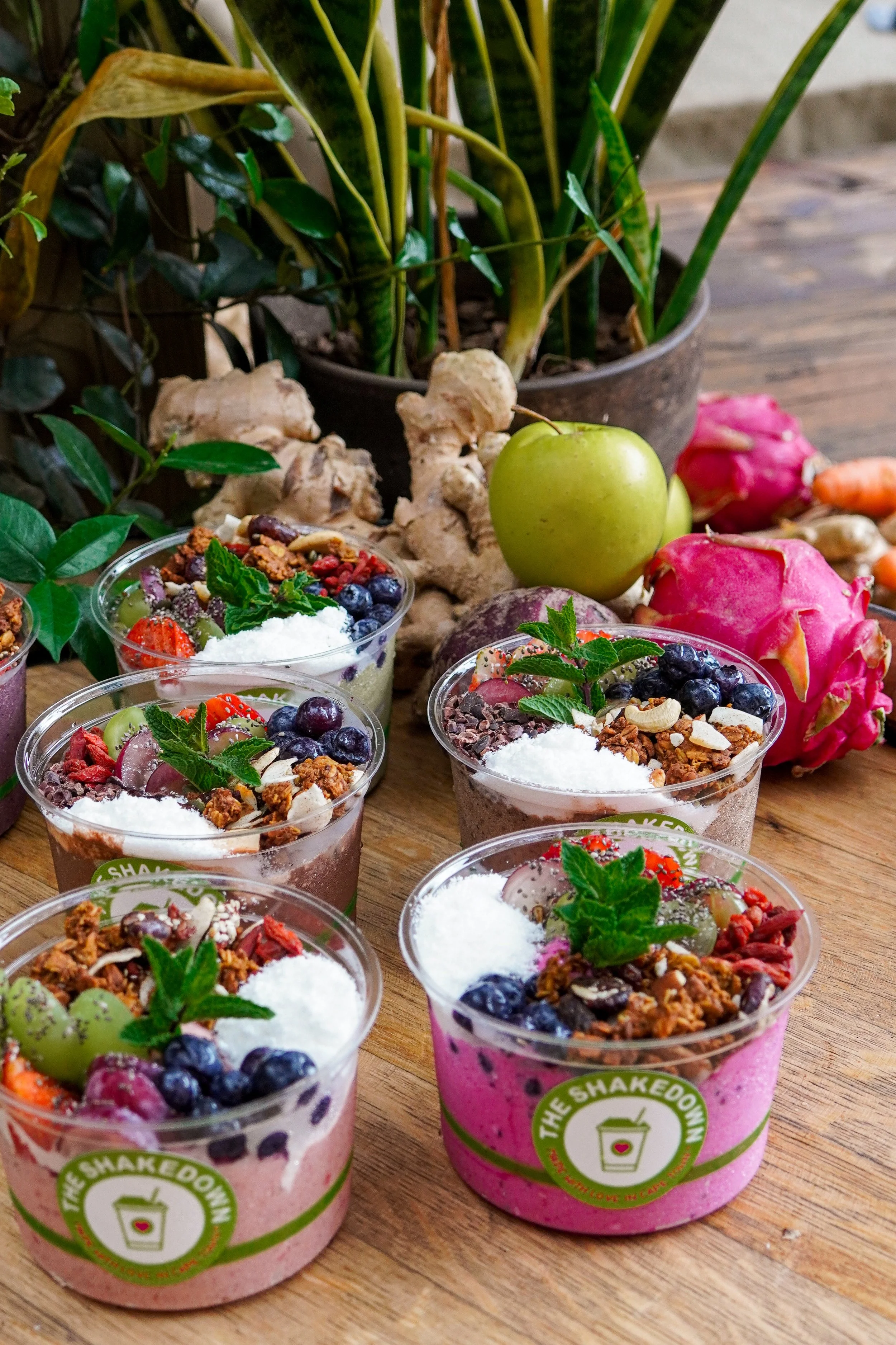 Several pink smoothie bowls topped with blueberries, strawberries, granola, and mint leaves on a wooden table, with a potted plant and ginger root in the background.
