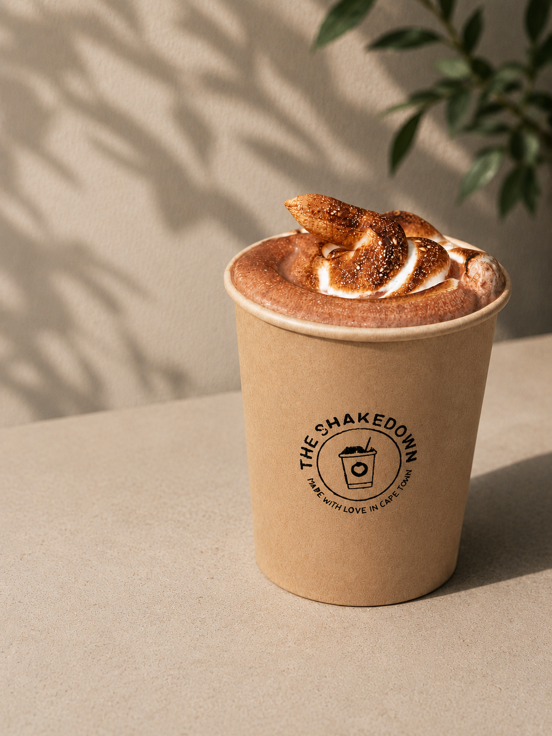 A paper cup with the logo of 'The Shakedown' containing a coffee beverage topped with whipped cream, caramel drizzle, and a toasted cookie, on a beige surface with shadow patterns and a green plant in the background.