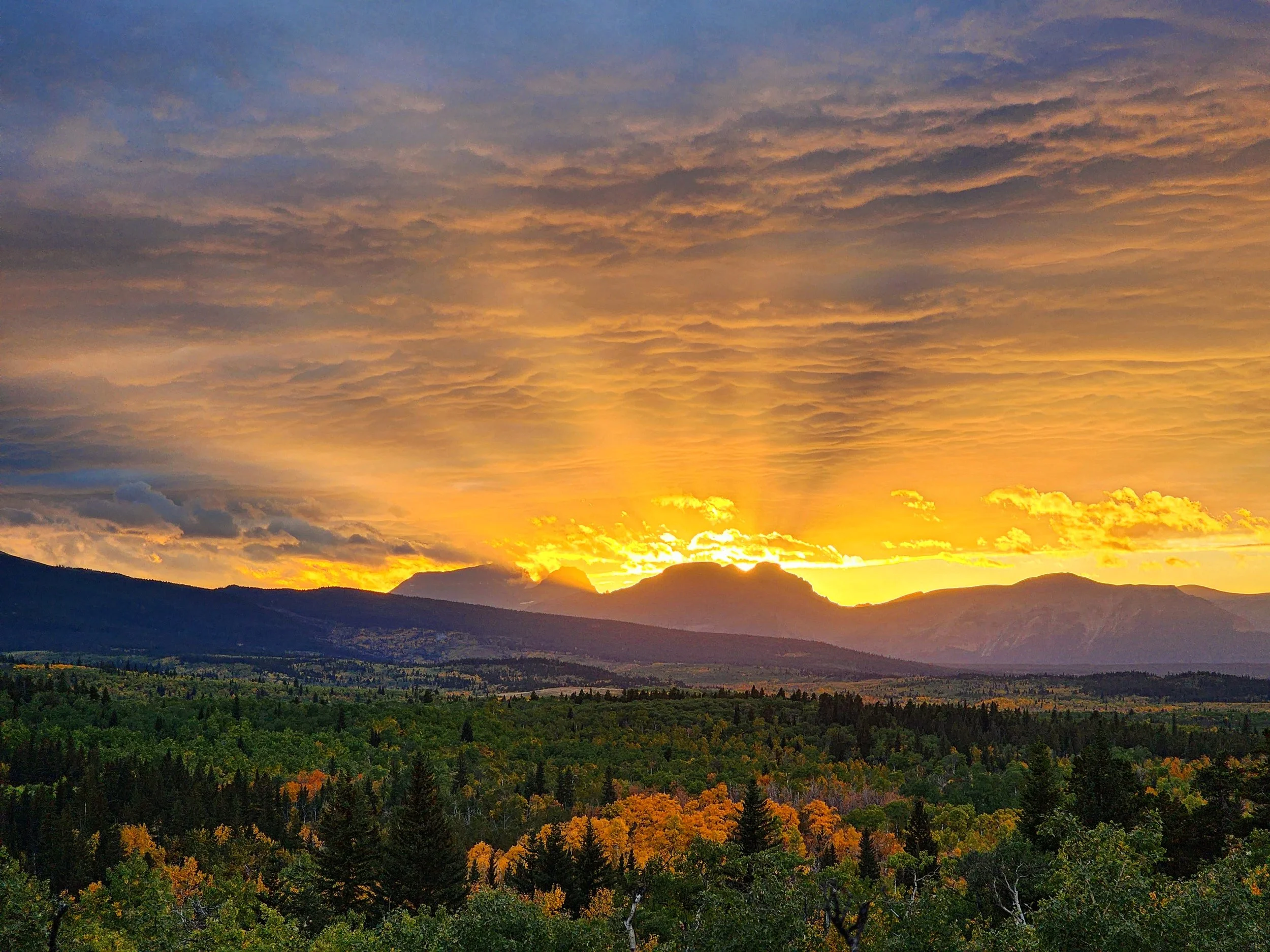 Sunset over a mountain landscape with a colorful sky featuring clouds in shades of blue, orange, and yellow, casting long shadows over a lush green forest in the foreground.