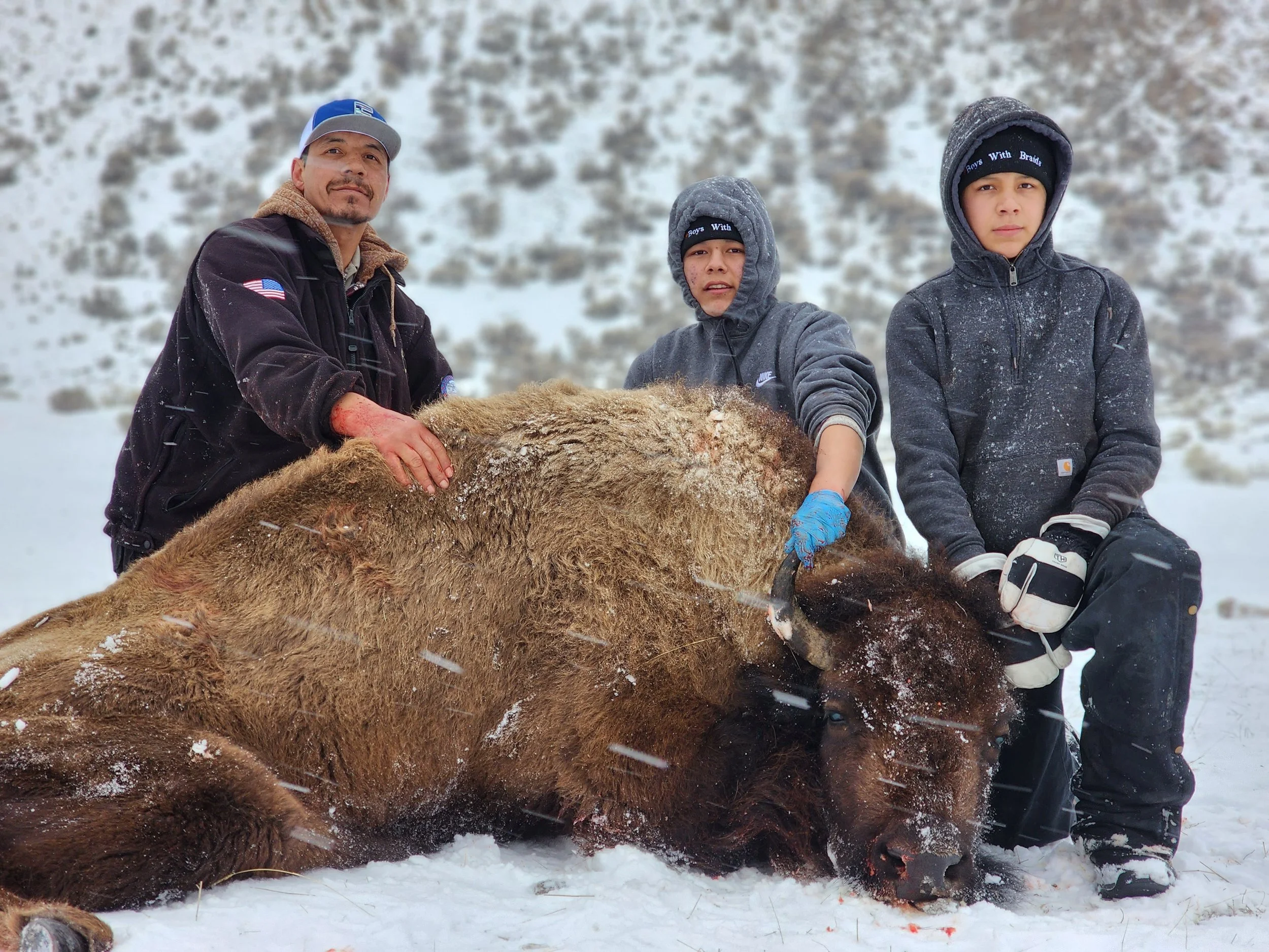 Three people, including a man and two boys, are lying on snowy ground with a dead bison, holding and observing it.