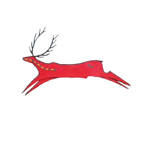 Colorful paper craft of a red deer with blue-tipped antlers and yellow and blue accents.