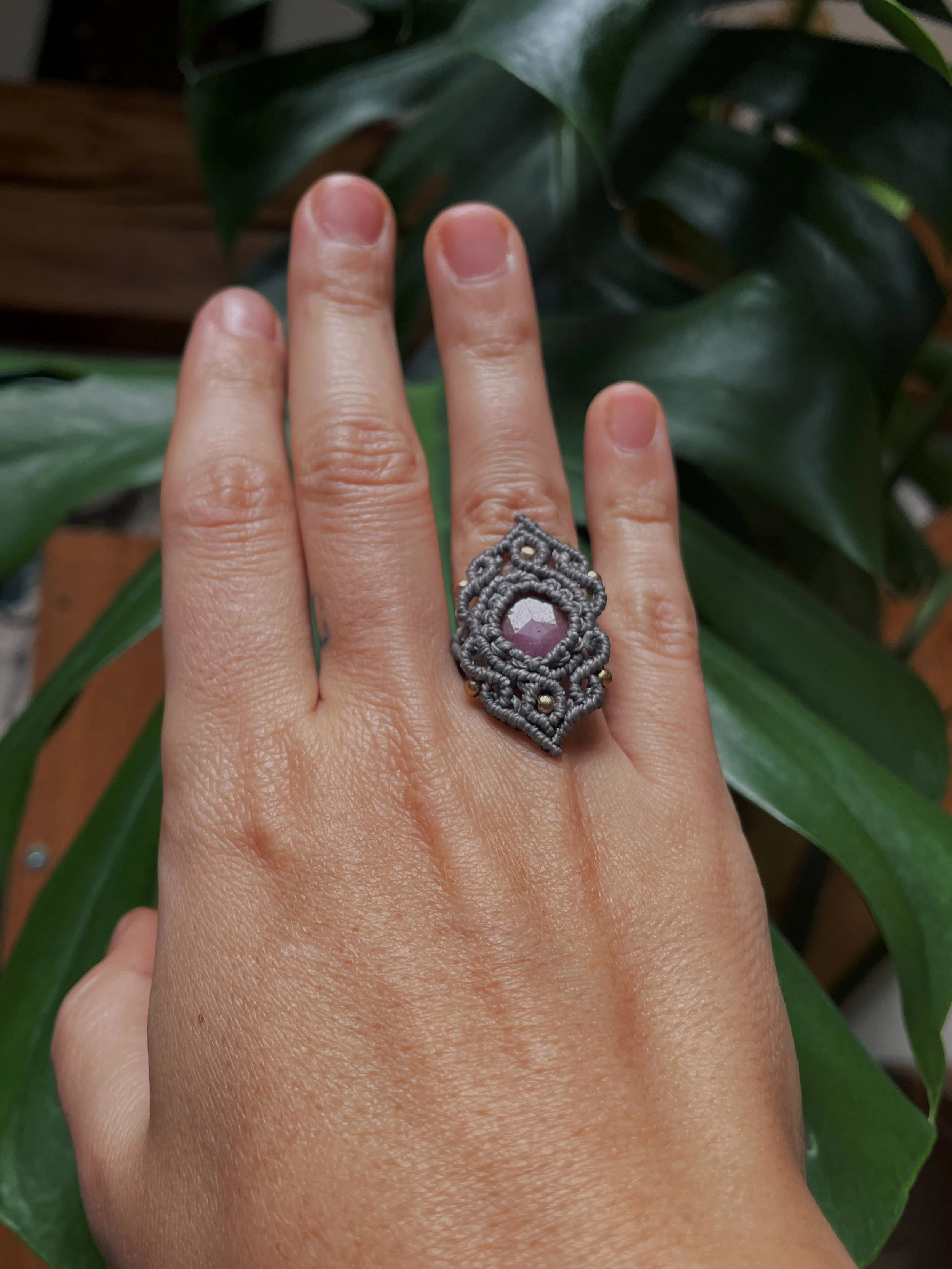 A hand with a large, ornate silver ring on the middle finger, featuring purple and white gemstones, displayed in front of green leaves.