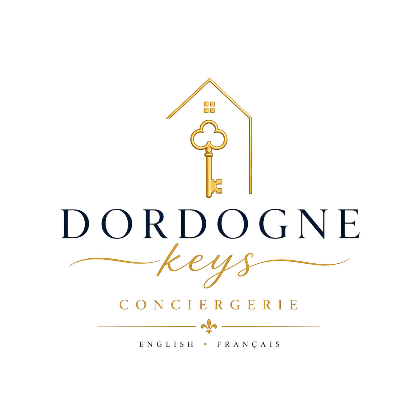 Logo for Dordogne Keys Concierge, featuring a gold house outline with a key inside, and text in English and French.