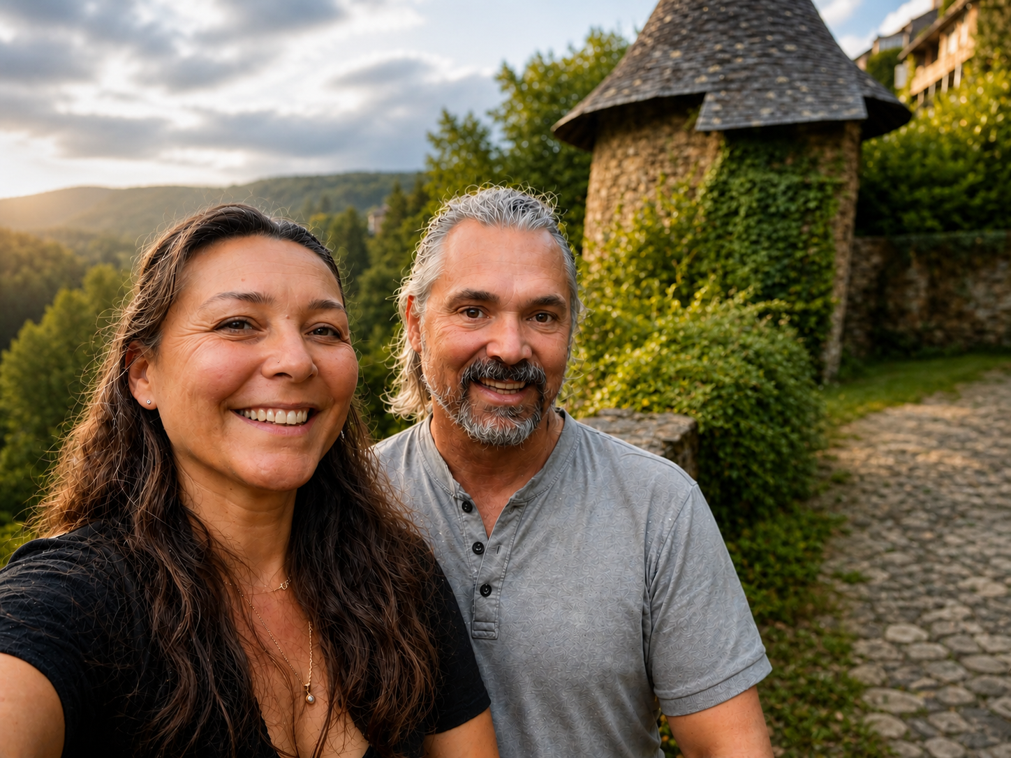 Smiling woman and man taking a selfie outdoors during sunset, with a stone pathway, green bushes, trees, and an old stone turret in the background.