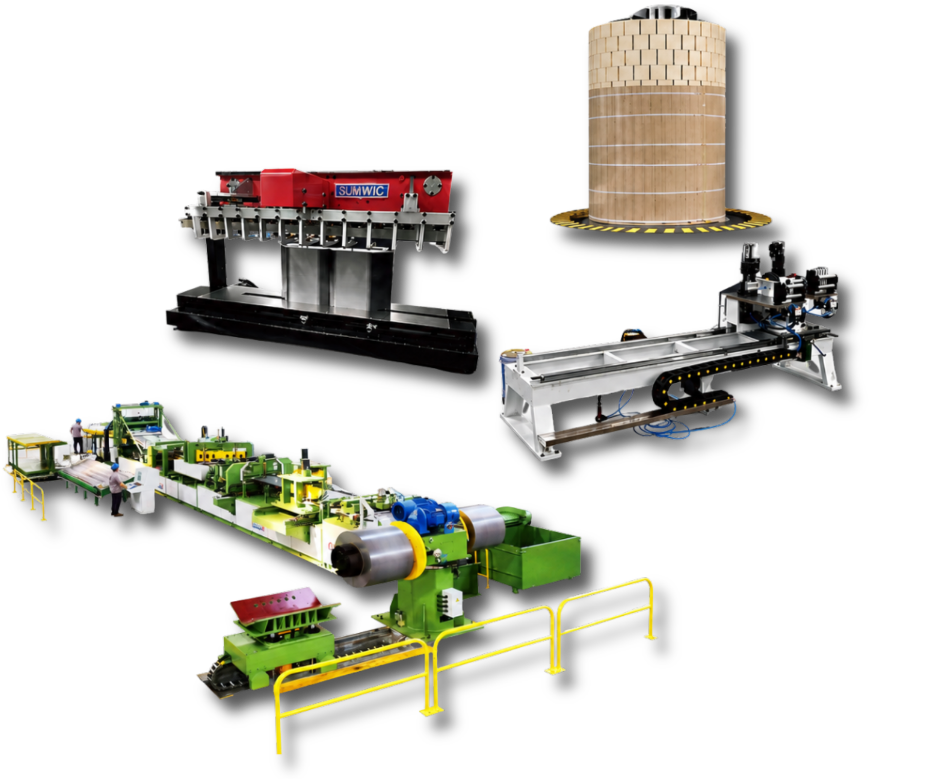 Multiple robotic machines working on an industrial production line, including a large green machine, a curved conveyor, and a tall cylindrical structure, all against a black background.