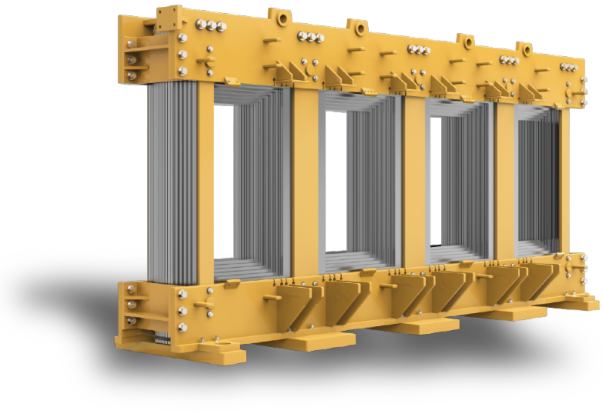 3D rendering of a large electrical transformer core with yellow framing and silver laminations.