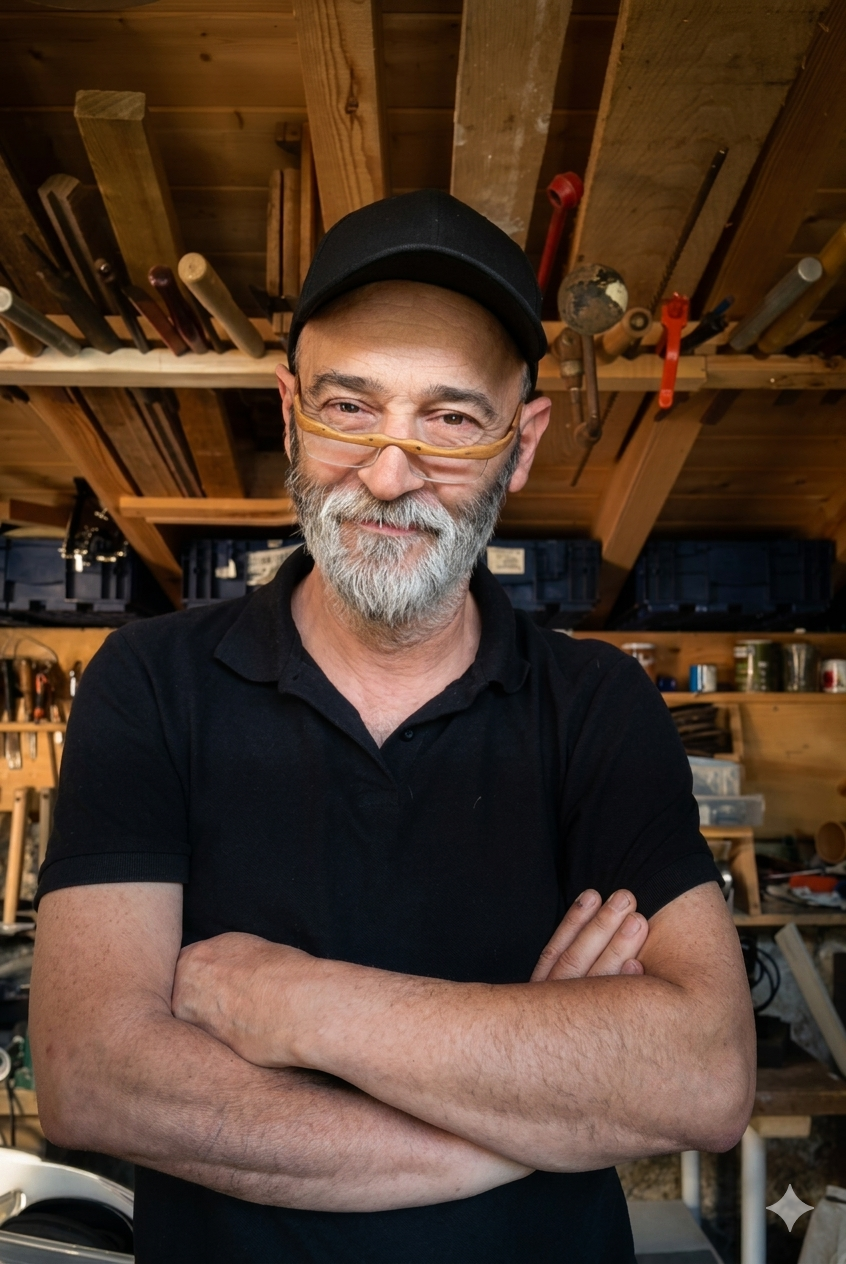 Un hombre con barba y gafas, usando gorra negra y camiseta negra, de pie en un taller de carpintería, con brazos cruzados y fondo con herramientas de madera y estanterías.