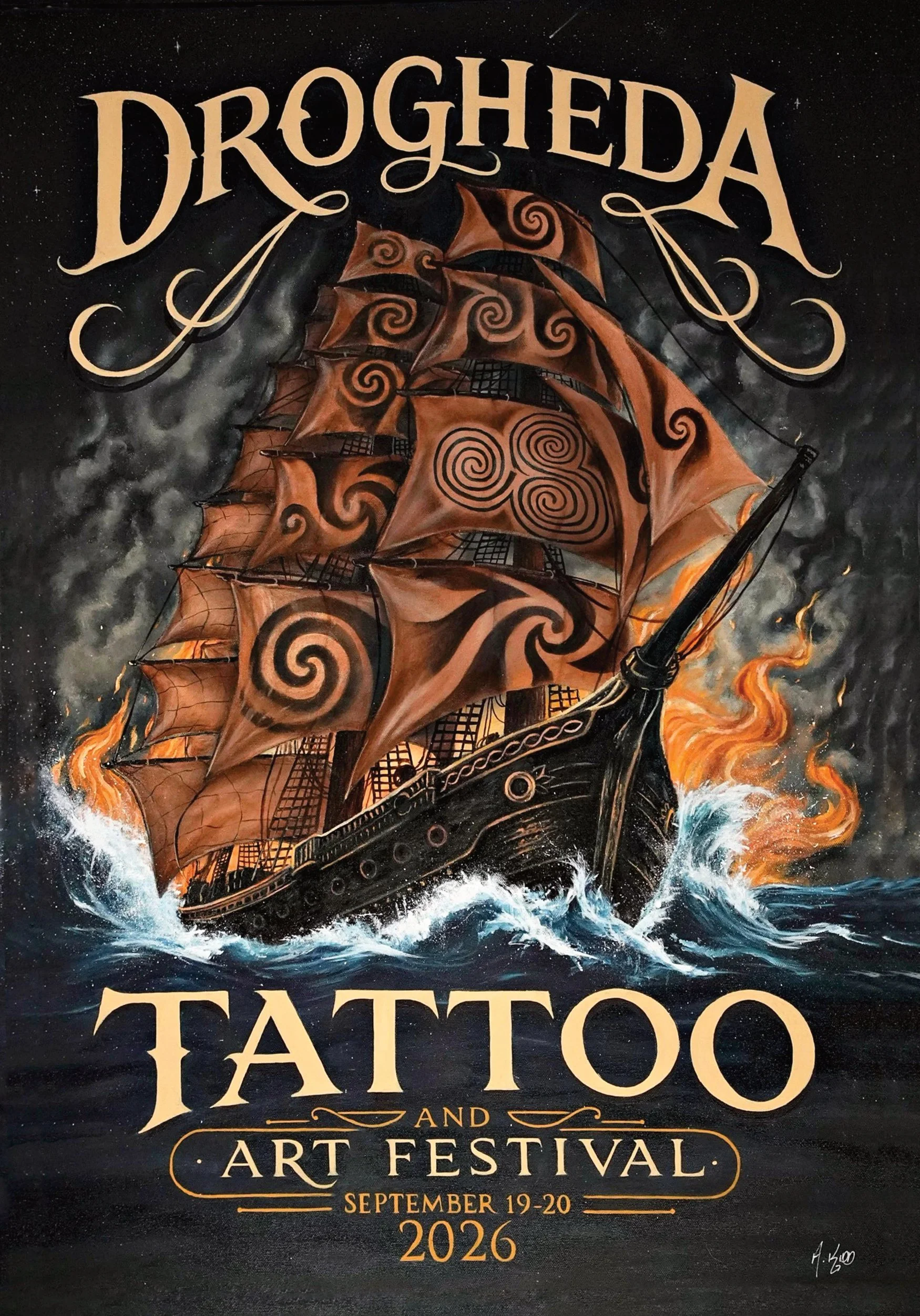 Painting of an old sailing ship with billowing sails, decorated with spiral patterns, on turbulent waters with a smoky cloudy sky background. The words 'DROGHEDA TATTOO AND ART FESTIVAL' are written over the image, along with the dates September 19-20, 2026.