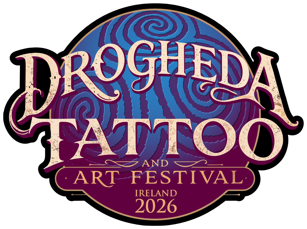 Logo for Drogheda Tattoo and Art Festival Ireland 2026 with purple and gold text and a blue spiral background.