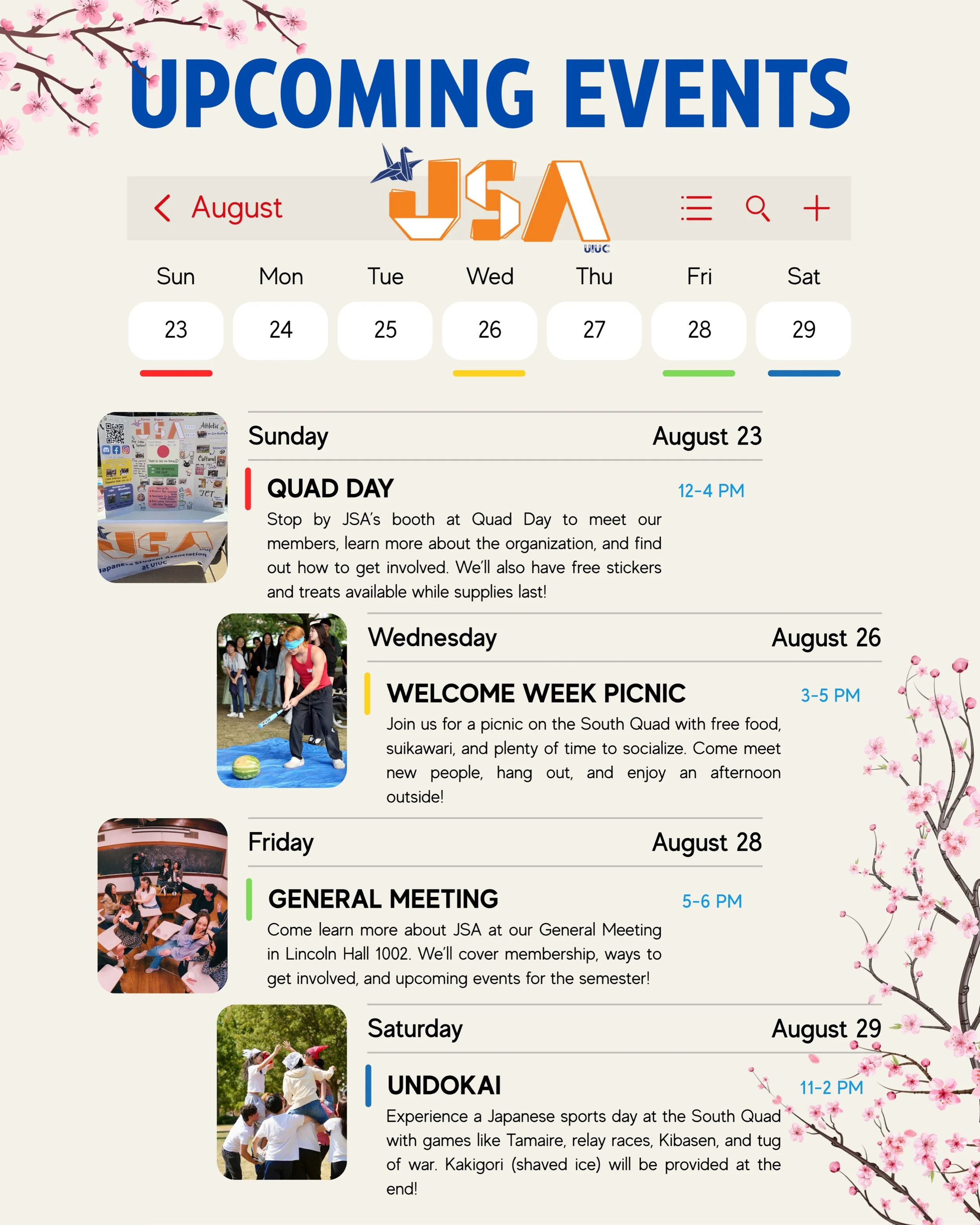 Start the semester with JSA! 🌸🇯🇵 We have a full week of events coming up, and everyone is welcome!

We can&rsquo;t wait to see everyone and kick off the new semester together! 💙🧡

More details about each event will be coming soon, so stay tuned!