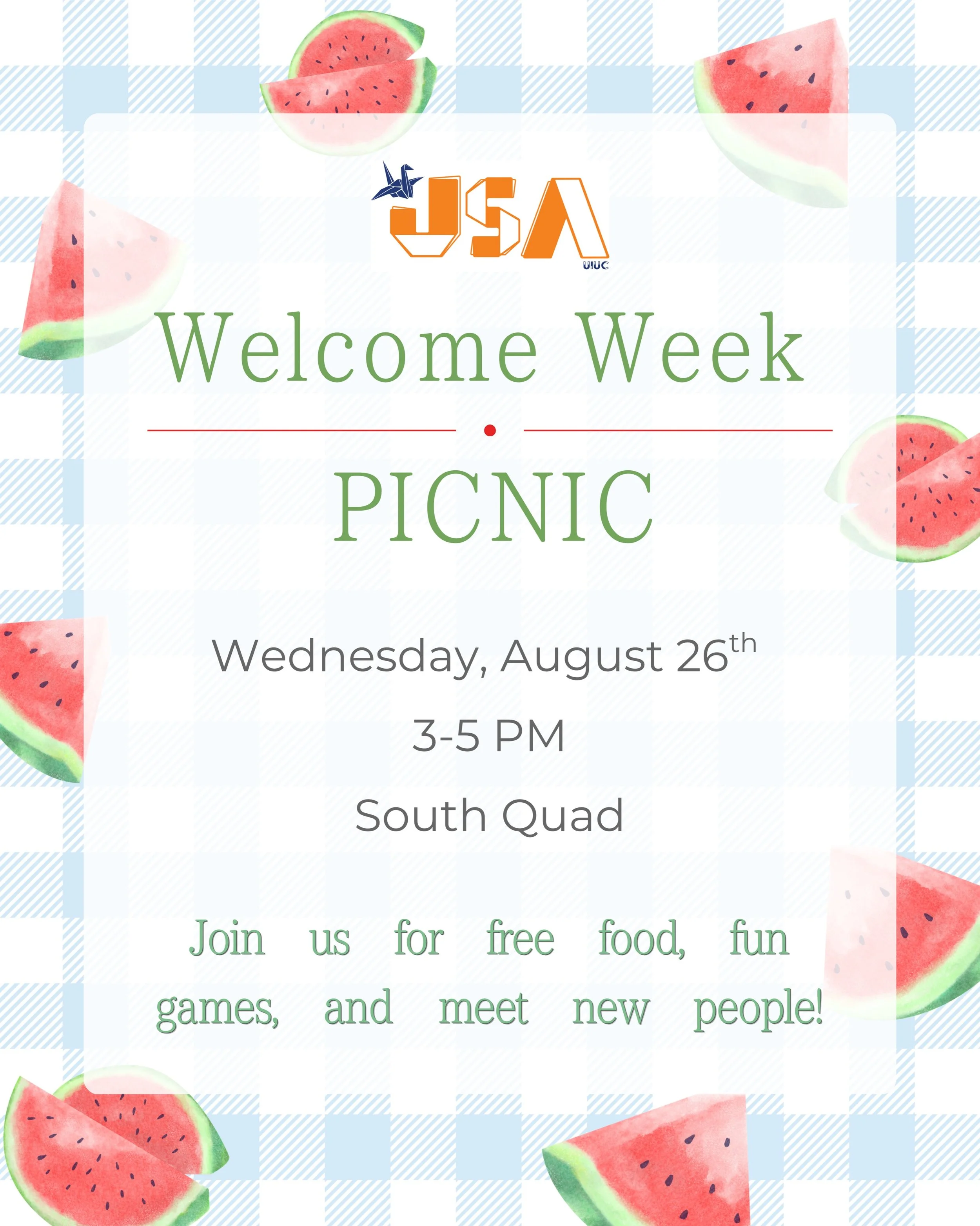 Looking for a fun way to spend your Wednesday afternoon? 🍉🌸 Stop by JSA&rsquo;s Welcome Week Picnic for FREE FOOD, suikawari, games, and good company!

📅 Wednesday, August 26th
⏰ 3&ndash;5 PM
📍 South Quad

Scan the QR code to sign up!! Hope to se