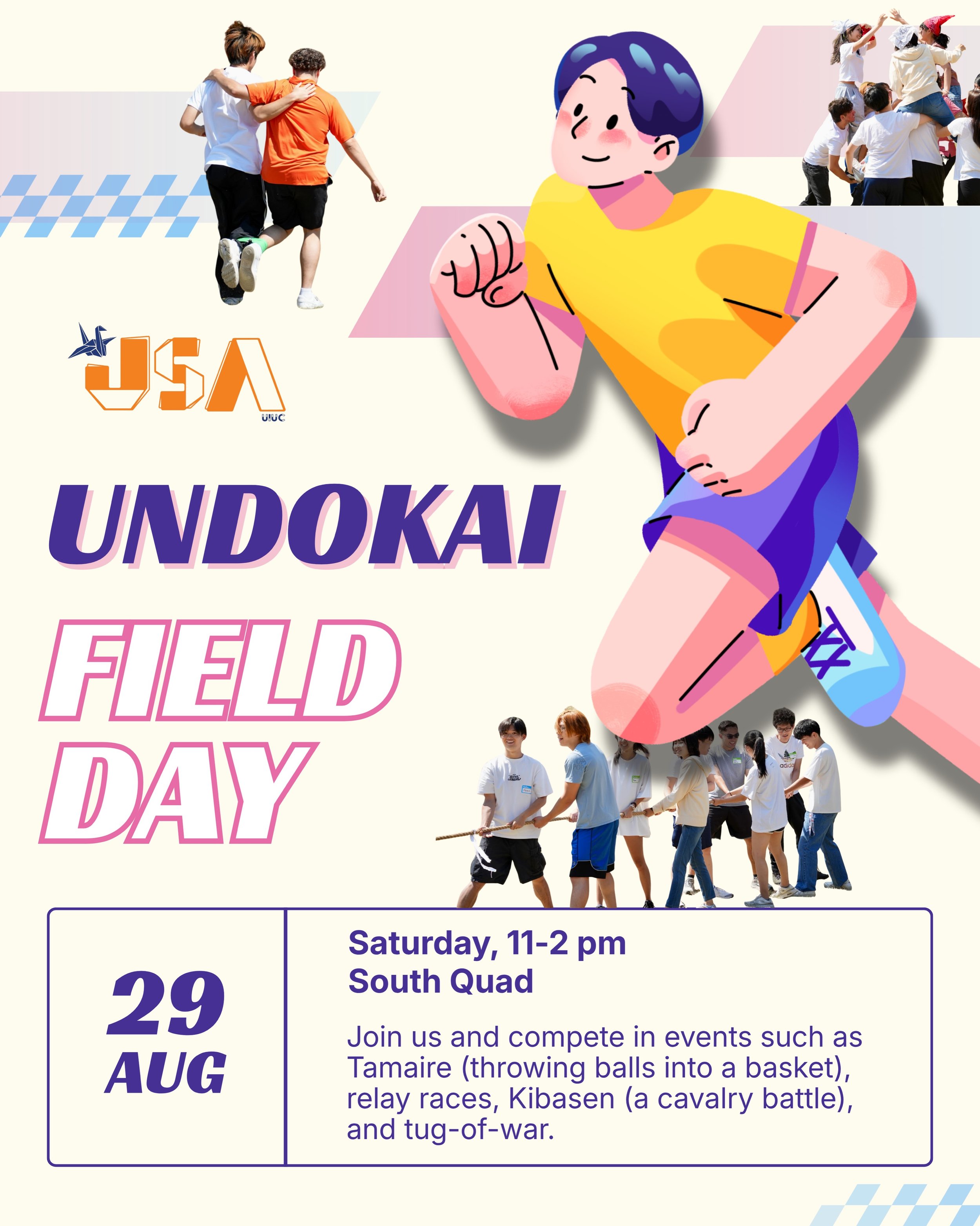 🏃&zwj;♀️ JSA Undokai Field Day is coming up! 🇯🇵☀️

Join us for an afternoon of friendly competition with Tamaire, relay races, Kibasen, tug-of-war, and more!

📅 Saturday, August 29
⏰ 11 AM&ndash;2 PM
📍 South Quad

Scan the QR code to sign up and