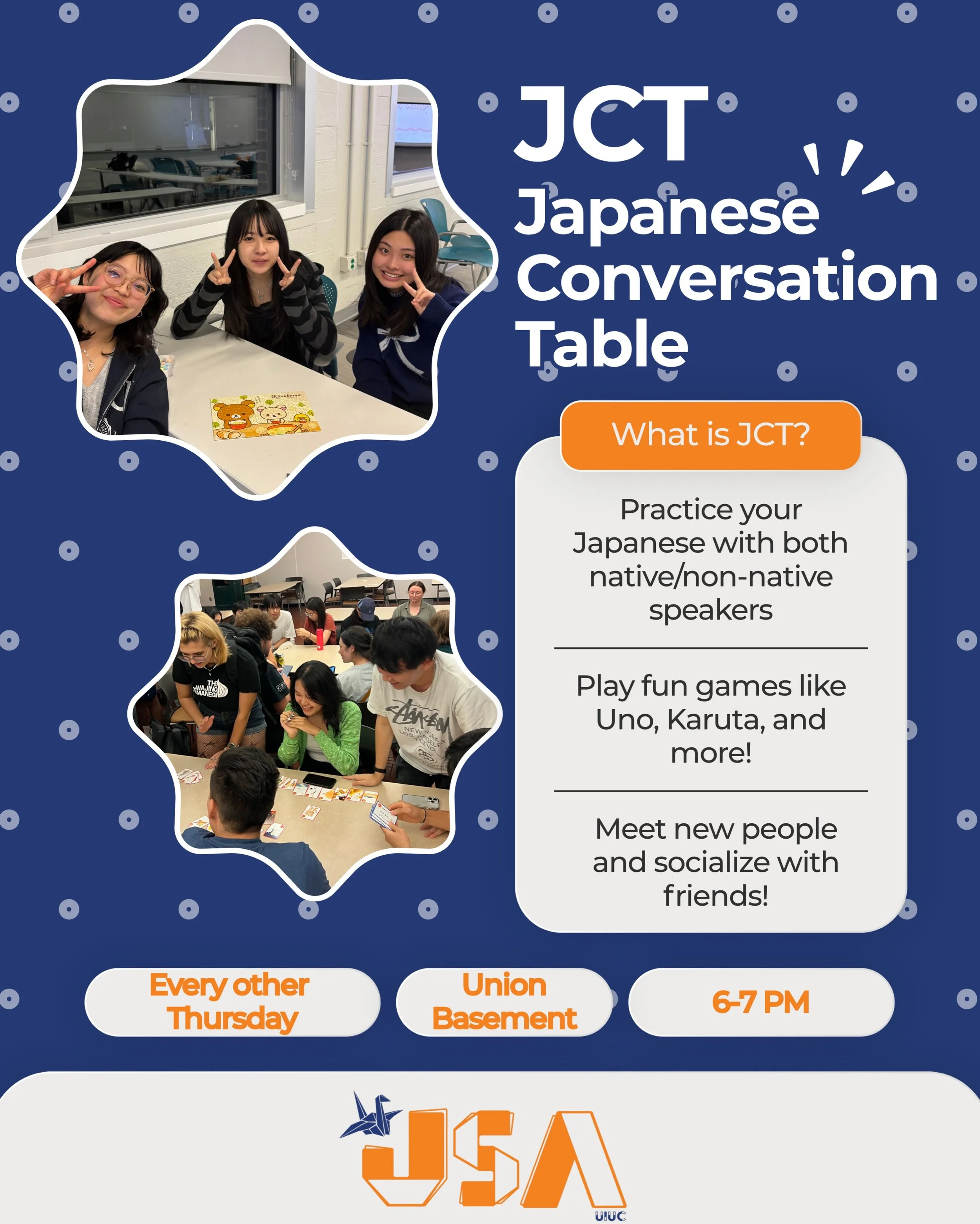 Our first Japanese Conversation Table (JCT) of the semester will be on September 3rd! 🇯🇵🗣️

Whether you&rsquo;re a beginner or already comfortable speaking Japanese, everyone is welcome. ✨

📅 Every other Thursday
🕕 6&ndash;7 PM
📍 Union Basement