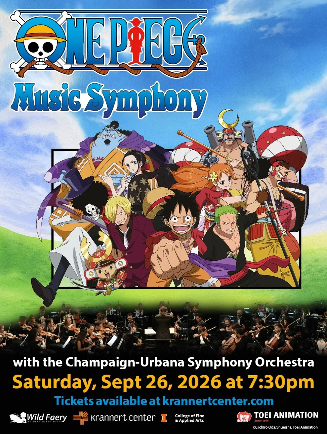 @krannertcenter presents video excerpts from the popular Japanese anime ONE PIECE accompanied by a live symphony orchestra on Saturday, September 26 at 7:30pm. UI Student tickets are only $10! For tickets and info visit https://krannertcenter.com/ an