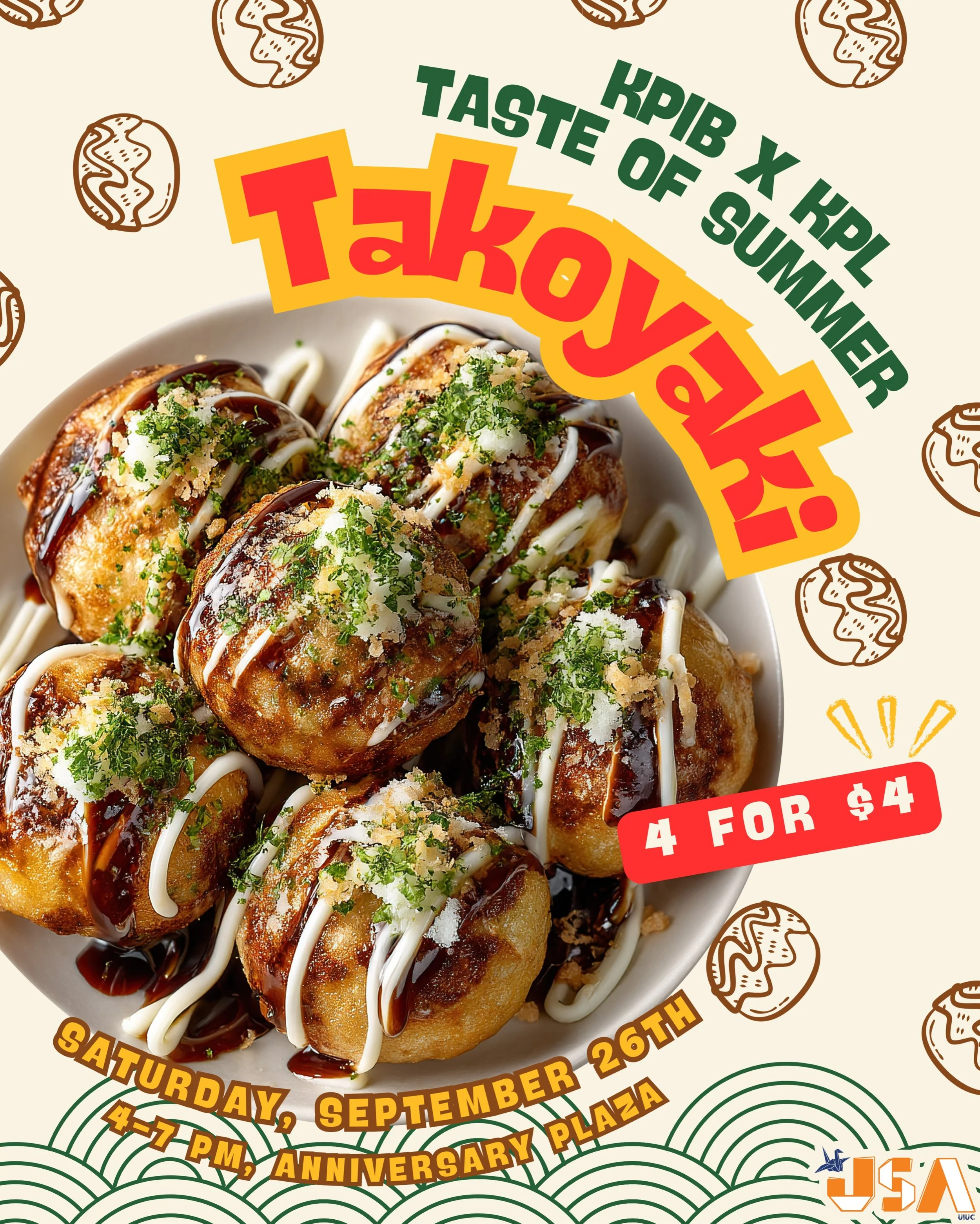 ☀️🐙 TASTE OF SUMMER IS HERE! 🐙☀️
Summer might be over, but the flavors aren&rsquo;t! 🤤 Join JSA for some freshly made takoyaki at Anniversary Plaza!
📅 Saturday, September 26th
⏰ 4&ndash;7 PM
📍 Anniversary Plaza
🥢 4 Takoyaki for just $4!
Bring y
