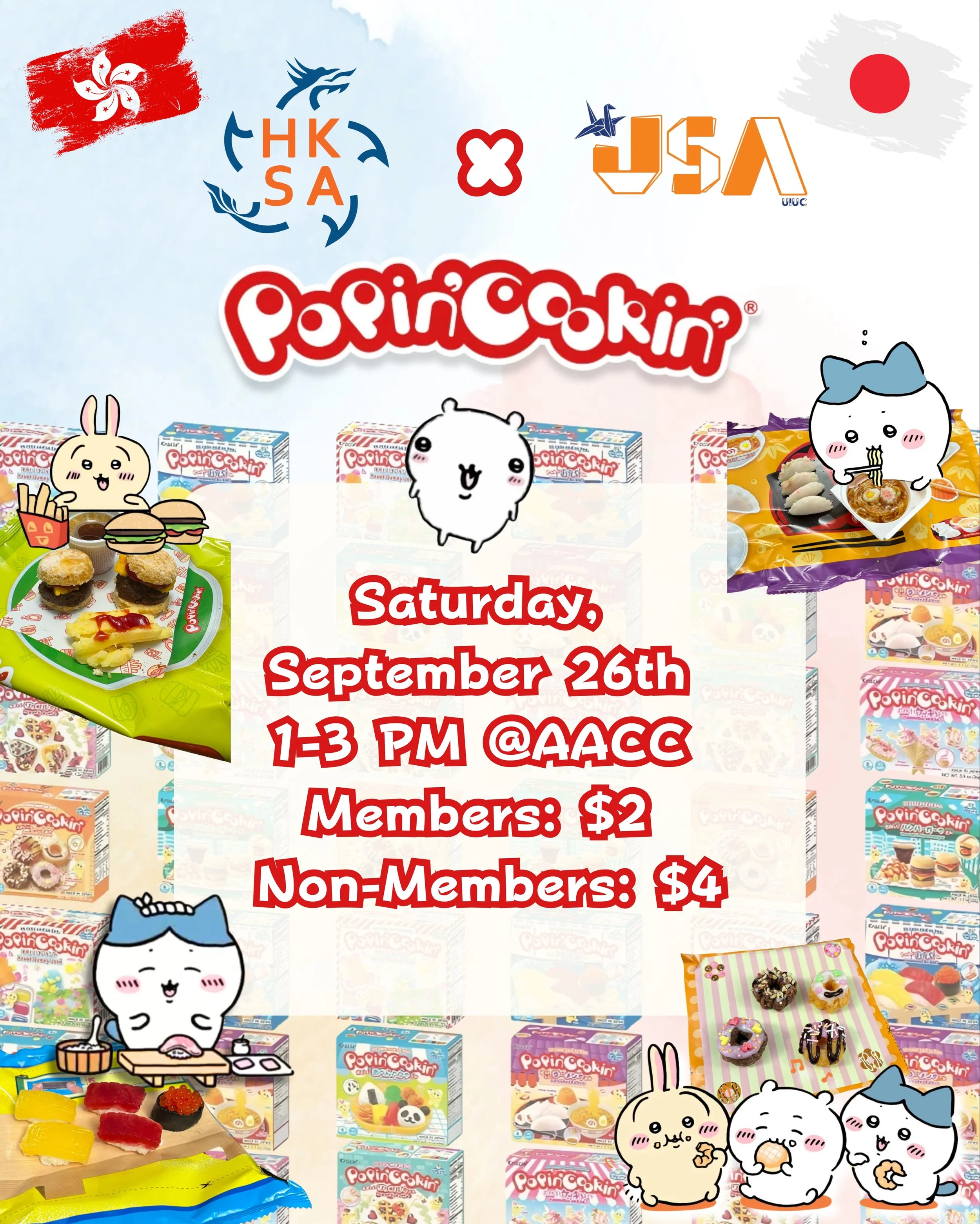 HKSA x JSA Popin&rsquo; Cookin&rsquo; Collab is back! 🍣🍩🍔✨
Join us for our second collab and make your own Popin&rsquo; Cookin&rsquo; with us! 💗🥢
📅 Saturday, September 26 ⏰ 1&ndash;3 PM 📍 AACC 💰 Members: $2 💰 Non-Members: $4
Sign up using th