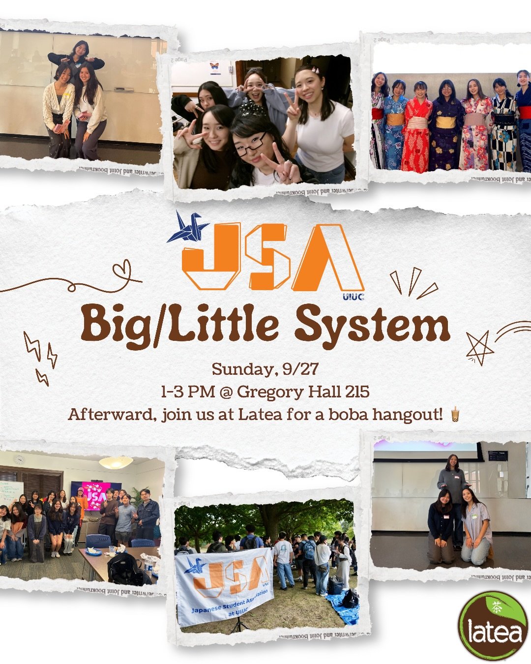 🧡 JSA BIG/LITTLE IS HERE! 🧡

Looking to meet new people and make more friends in JSA? Join our Big/Little System and get matched with fellow members! 🫶

📅 Sunday, 9/27
⏰ 1&ndash;3 PM
📍 Gregory Hall 215
🧋 Afterward, join us at Latea for a boba h
