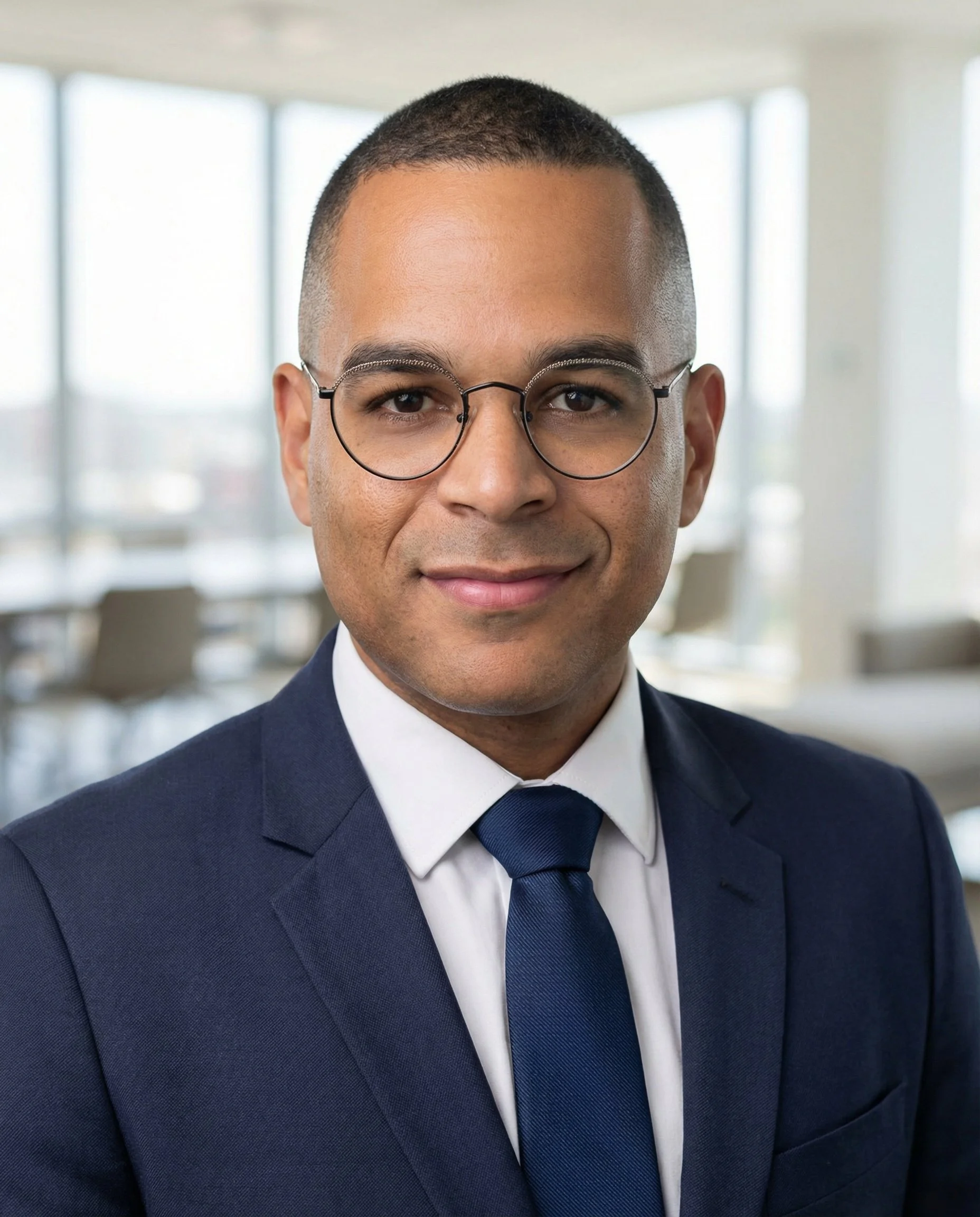 Close-up of a smiling man, Simeon Ngweso, wearing glasses and a navy suit with a blue tie, in a bright office setting with large windows in the background.
