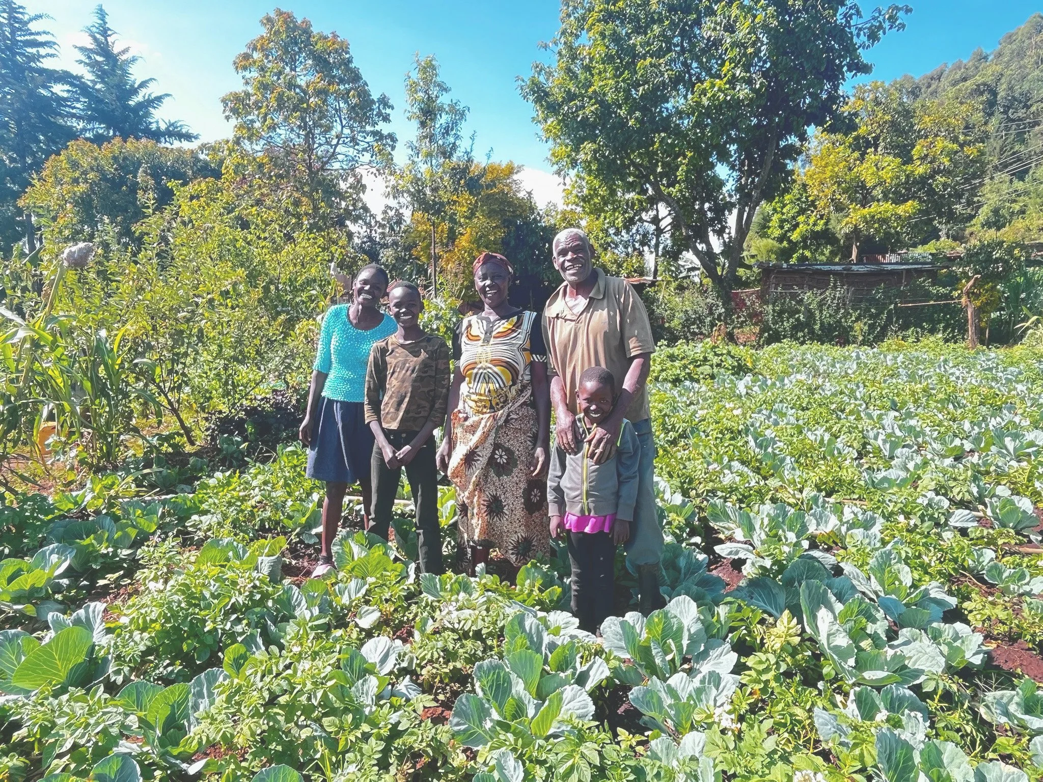 A group of six people standing in a lush vegetable garden on a sunny day, surrounded by green plants and trees.