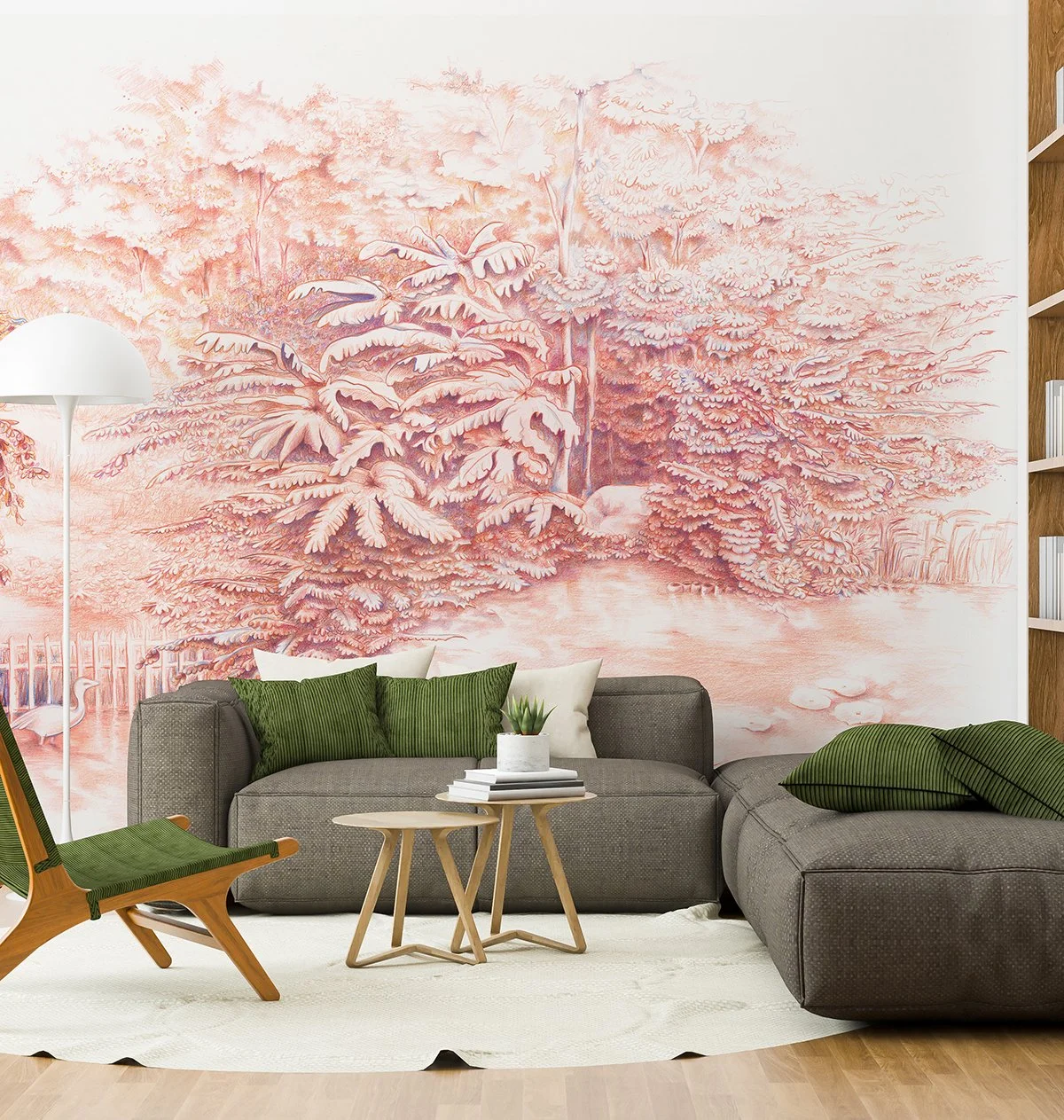 Papier peint panoramique - Salon - Living room  -  Les bords de l'Erdre - Réalisé au crayon de couleur - Impression à Nantes chez Acte-Deco