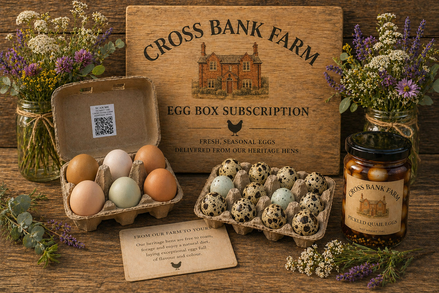 Heritage hen eggs, quail eggs and pickled quail eggs displayed for the Cross Bank Farm egg box subscription.