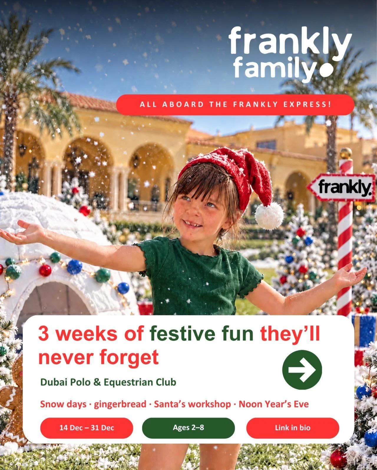 🚂 All aboard The Frankly Express! 🎄

This winter break, your little ones are going on a festive journey they&rsquo;ll never forget: three magical stops, three weeks of fun, right here at Dubai Polo &amp; Equestrian Club. ❄️

🎟️ On day one every ch