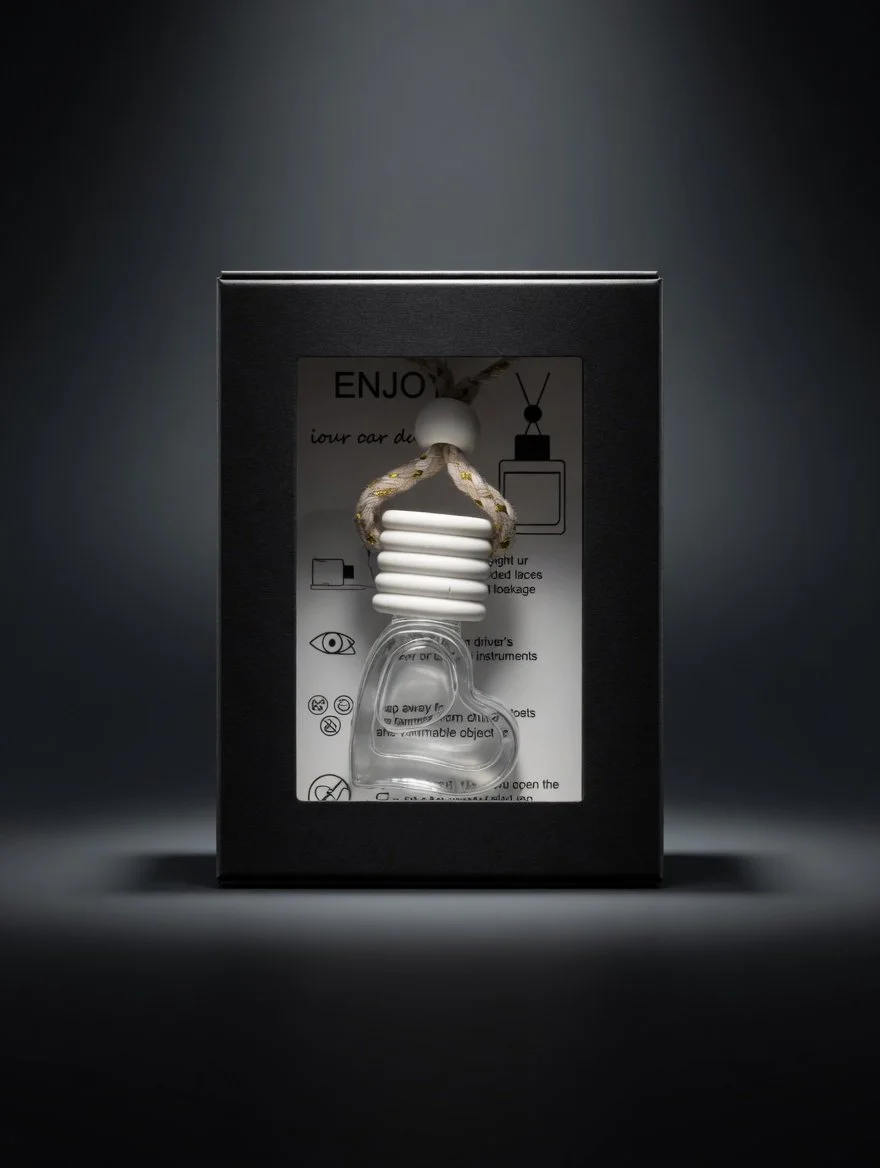 A decorative air freshener resembling a light bulb with a heart-shaped glass base, hanging from a string on a black box with instructions and icons in the background.