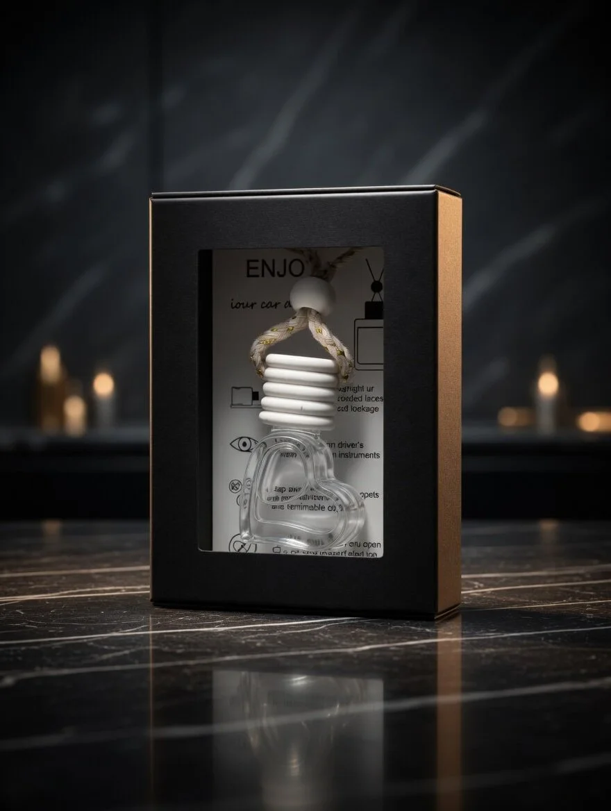 A decorative air freshener in the shape of a light bulb with a heart outline on the bulb, hanging from a cardboard box with clear plastic window. The box has instructions and text inside, on a dark marble surface with a blurred background.