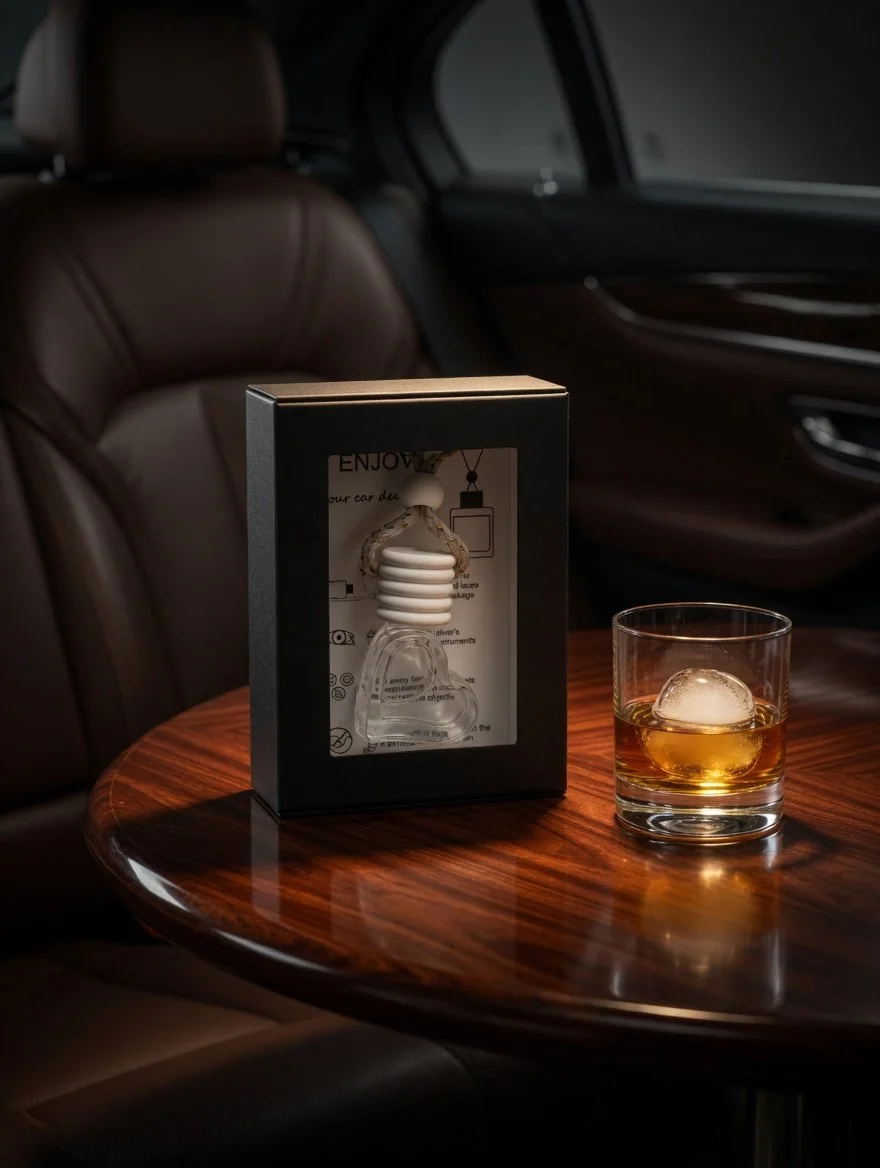 A glass of whiskey with large ice cube on a wooden table next to a boxed gadget in a car.