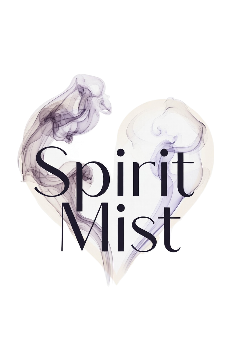 A heart-shaped design with swirling purple smoke and the words 'Spirit Mist' in black, stylized font.