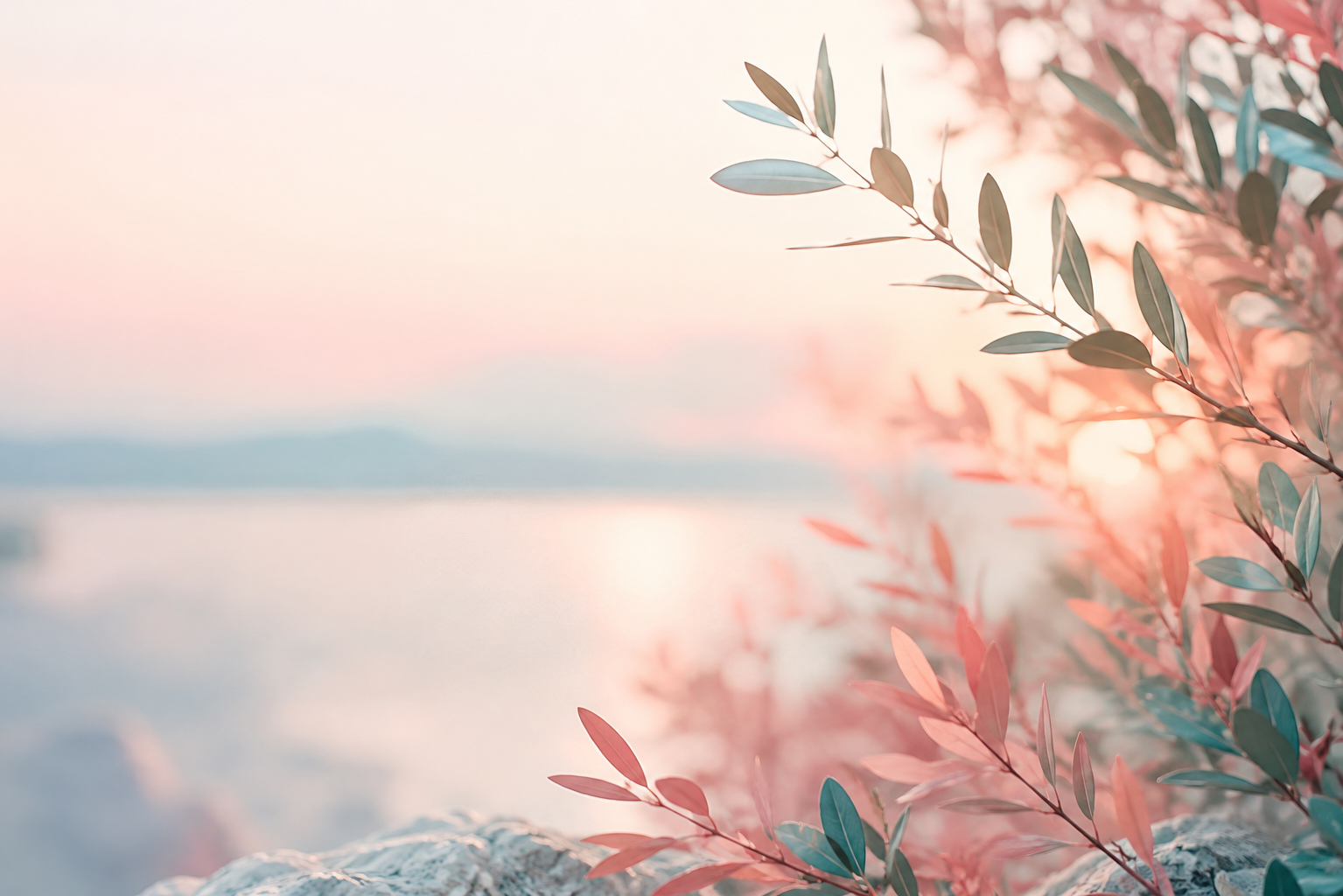 Branches avec feuilles vertes et roses en premier plan, paysage flou au crépuscule avec ciel rose et reflet d'eau à l'arrière-plan.