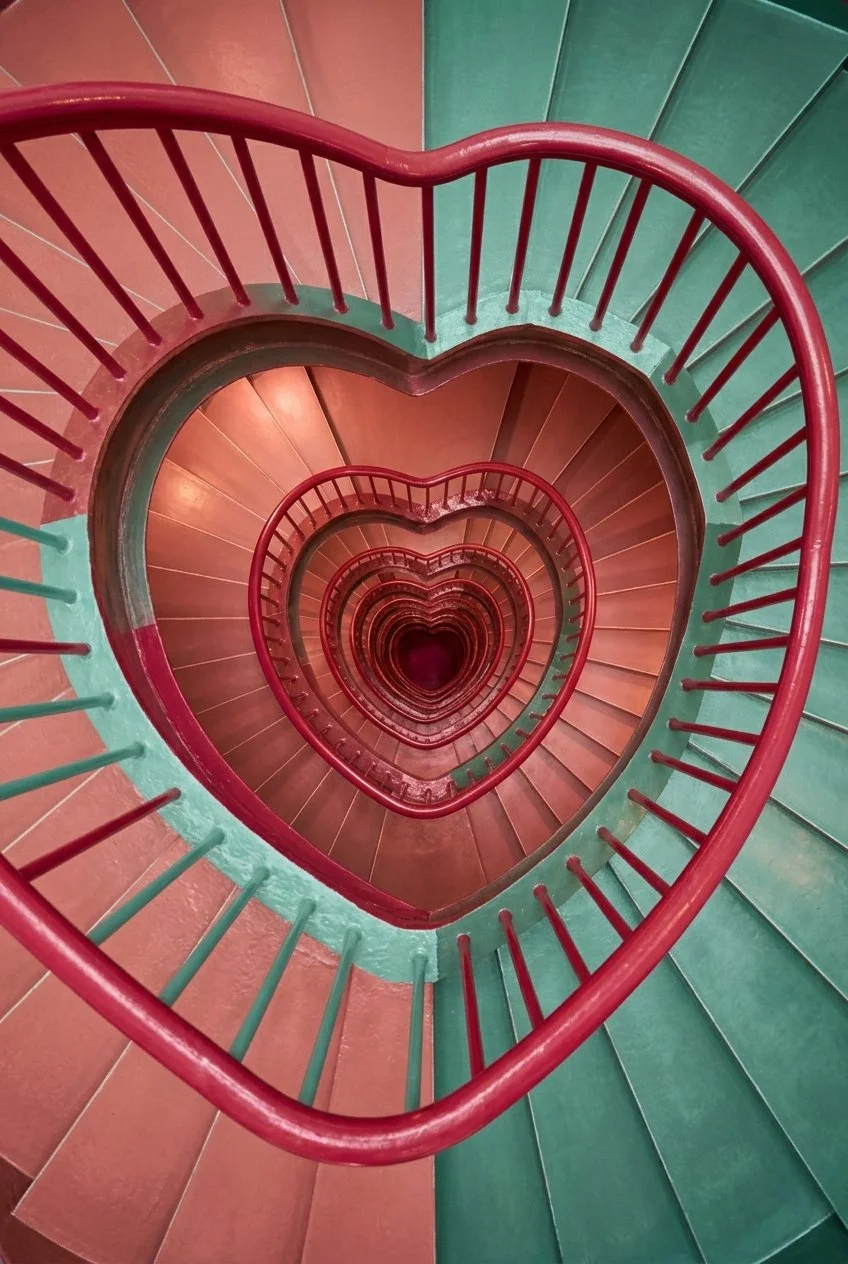Escalier en colimaçon vu d'en haut, dont la rampe rouge dessine un cœur