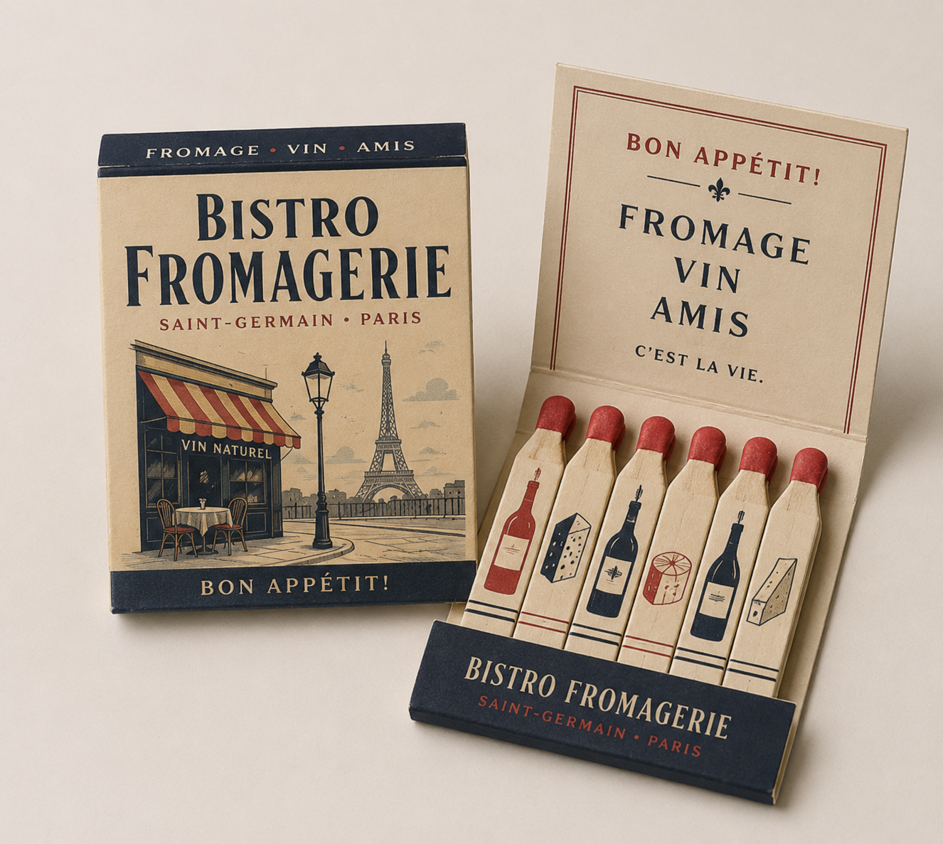 Custom printed matchbooks for a French bistro, featuring illustrated cheese and wine branding with personalised printed matchsticks.