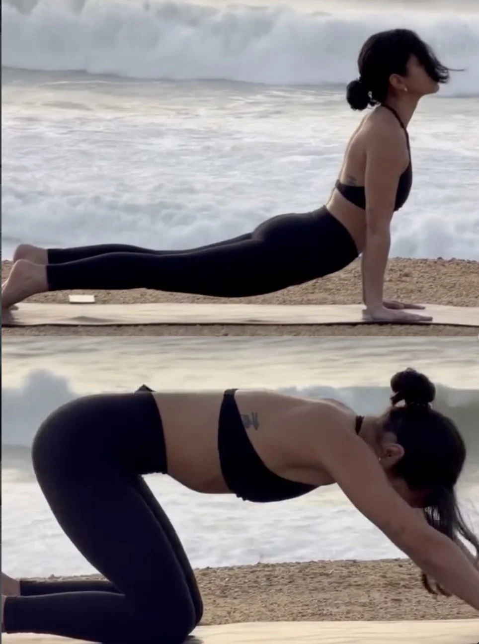 Two women practicing yoga outdoors on a beach, one in a plank position and the other in a child's pose, with ocean waves in the background.