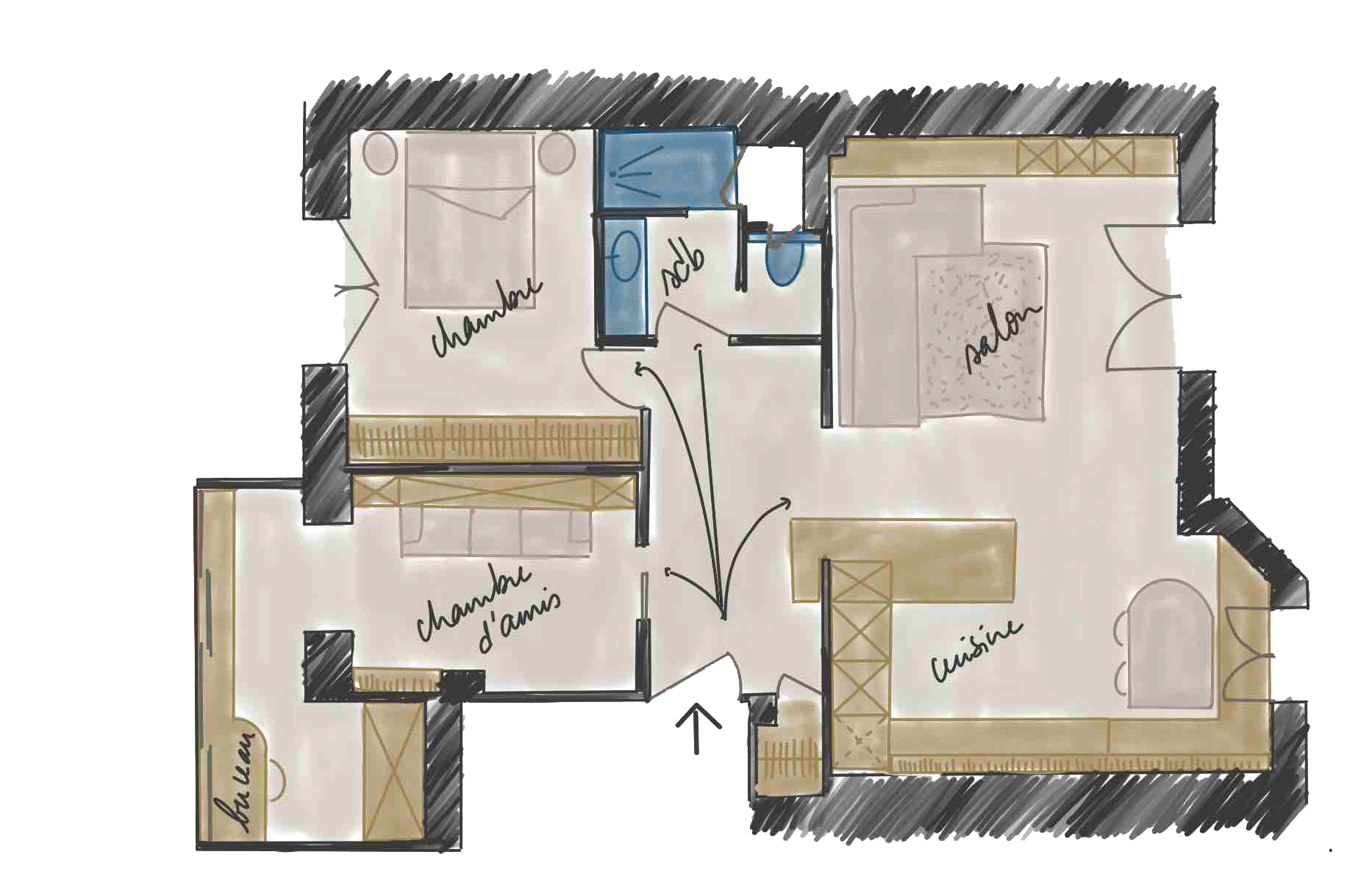 Esquisse faite à la main d'un plan de rénovation d'un appartement. Le plan détaille les agencements sur mesure, la disposition des pièces et les circulations. Correspond à la mission esquisse proposée par l'agence Tracé