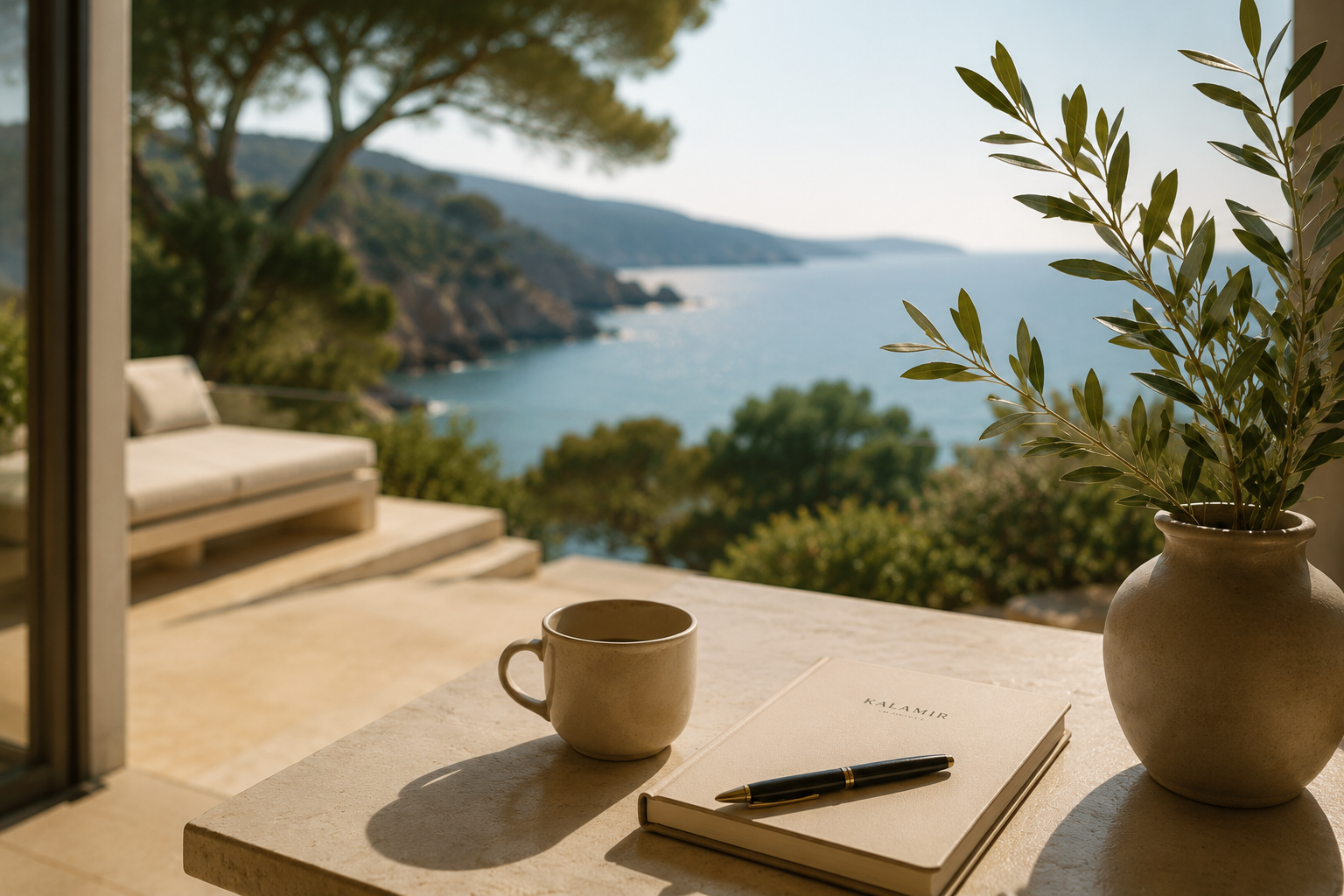 Vaso con follaje en una mesa junto a una taza y un cuaderno, con vista a un paisaje de árboles y mar en un entorno al aire libre.